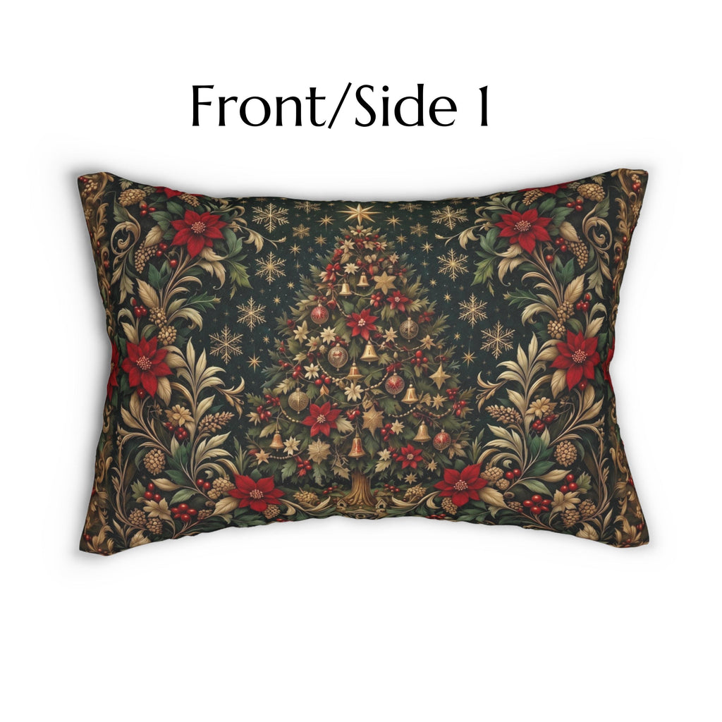 William Morris Christmas Lumbar Pillow: Vintage Style Emerald Green Poinsettia, Golden Snowflake