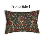 William Morris Christmas Lumbar Pillow: Vintage Style Emerald Green Poinsettia, Golden Snowflake