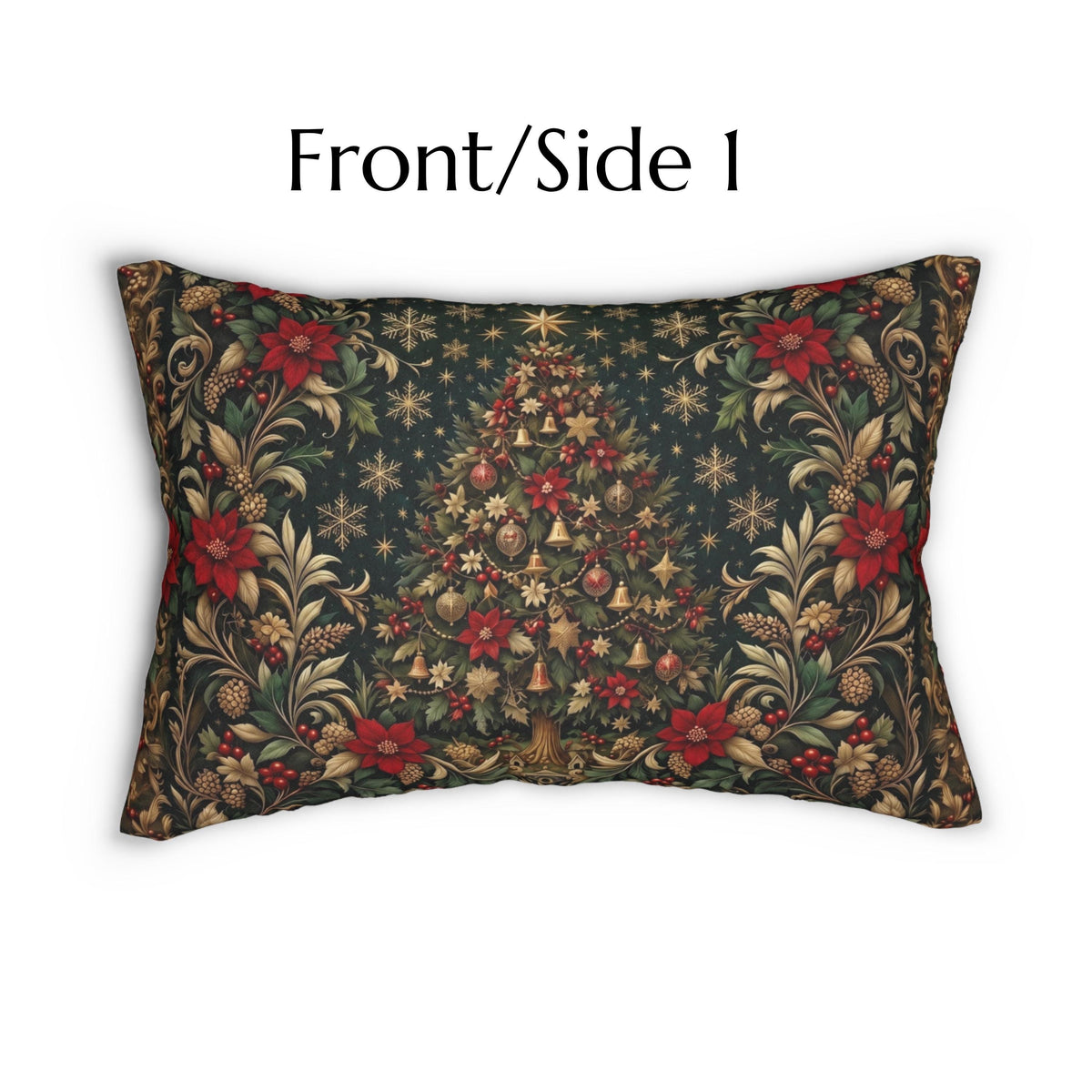 William Morris Christmas Lumbar Pillow: Vintage Style Emerald Green Poinsettia, Golden Snowflake