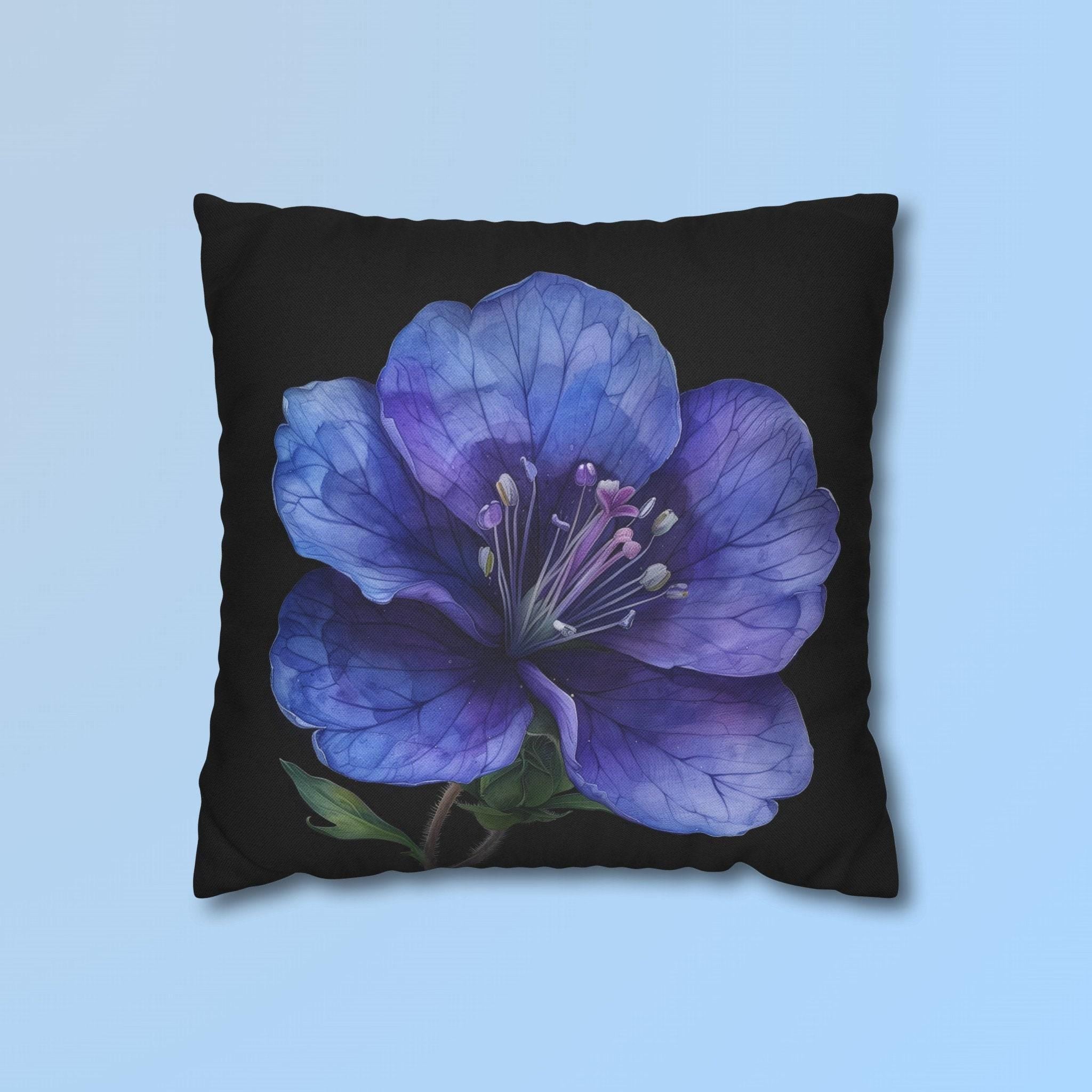 Anemone Pillow Cover: Detailed Floral Illustration, Black Background
