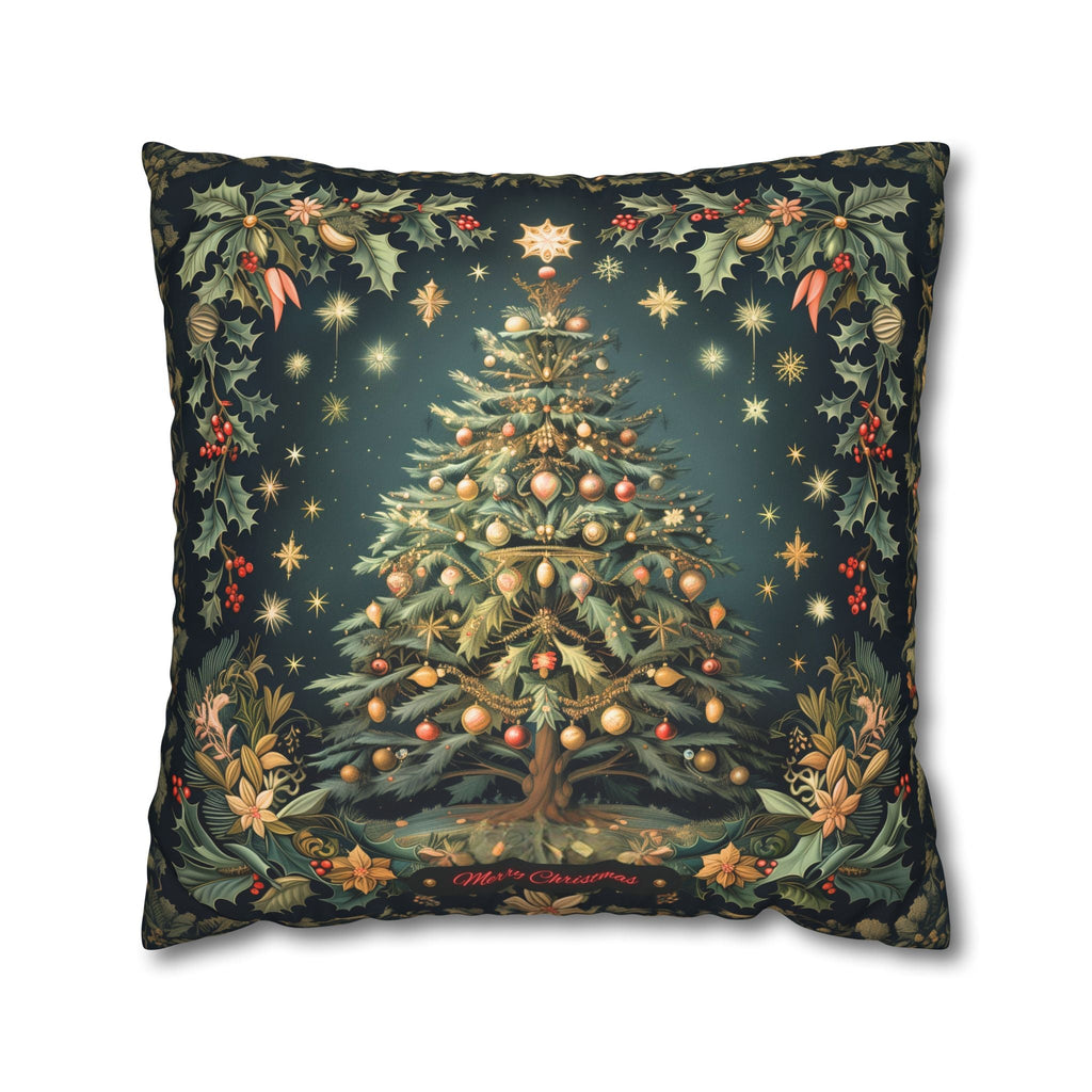 William Morris Merry Christmas 2024 Euro Sham, Gold Red Ornaments on Forest Green and Holly 24x24 & 26x26 inch sizes available