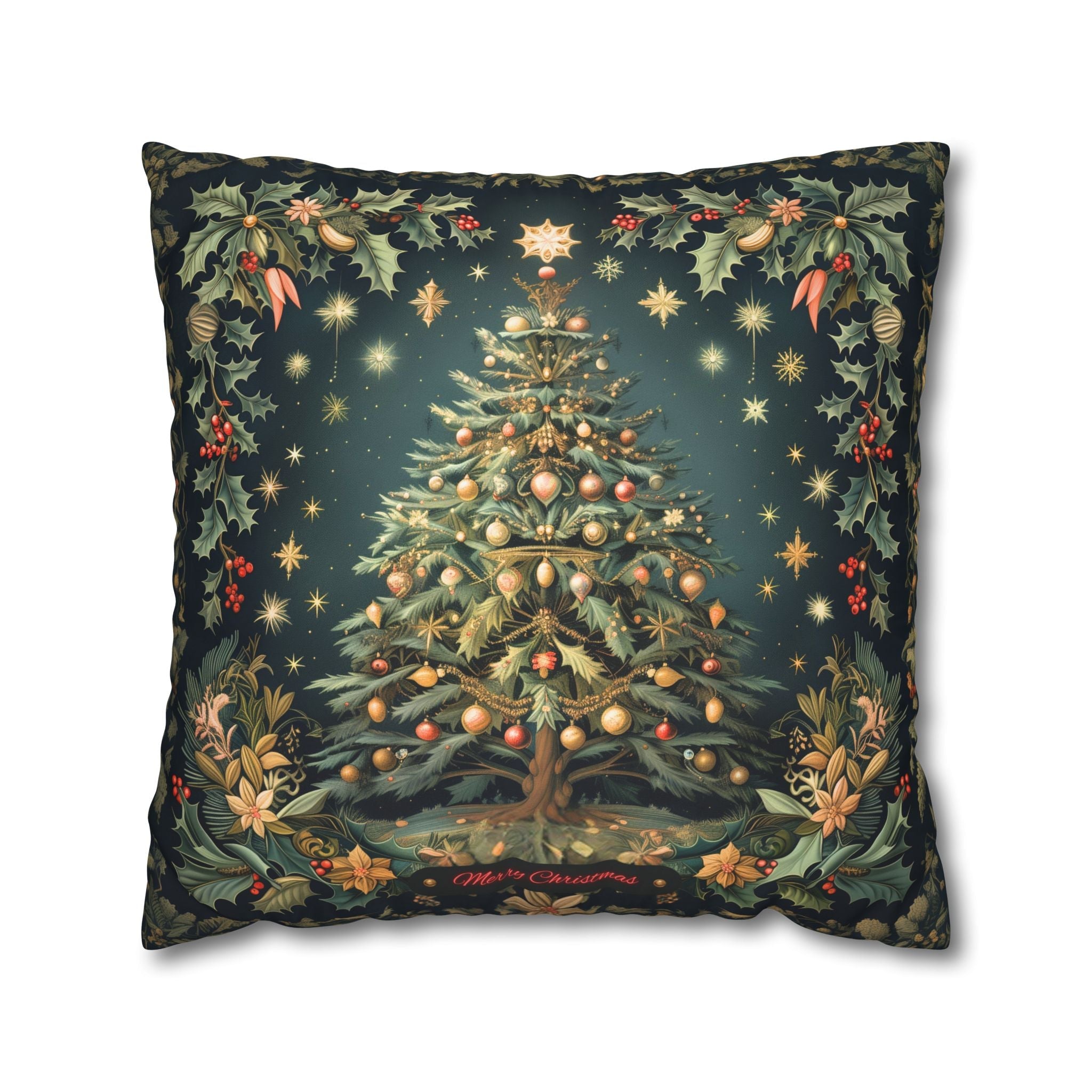 William Morris Merry Christmas 2024 Euro Sham, Gold Red Ornaments on Forest Green and Holly 24x24 & 26x26 inch sizes available