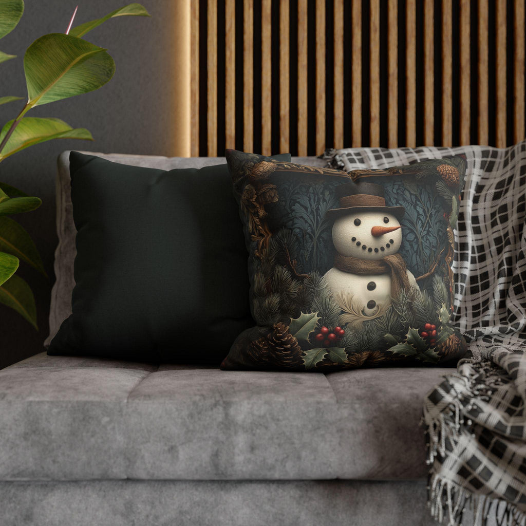 William Morris Inspired Christmas Snowman Pillow Cover: Woodland Pine & Holly Illustration
