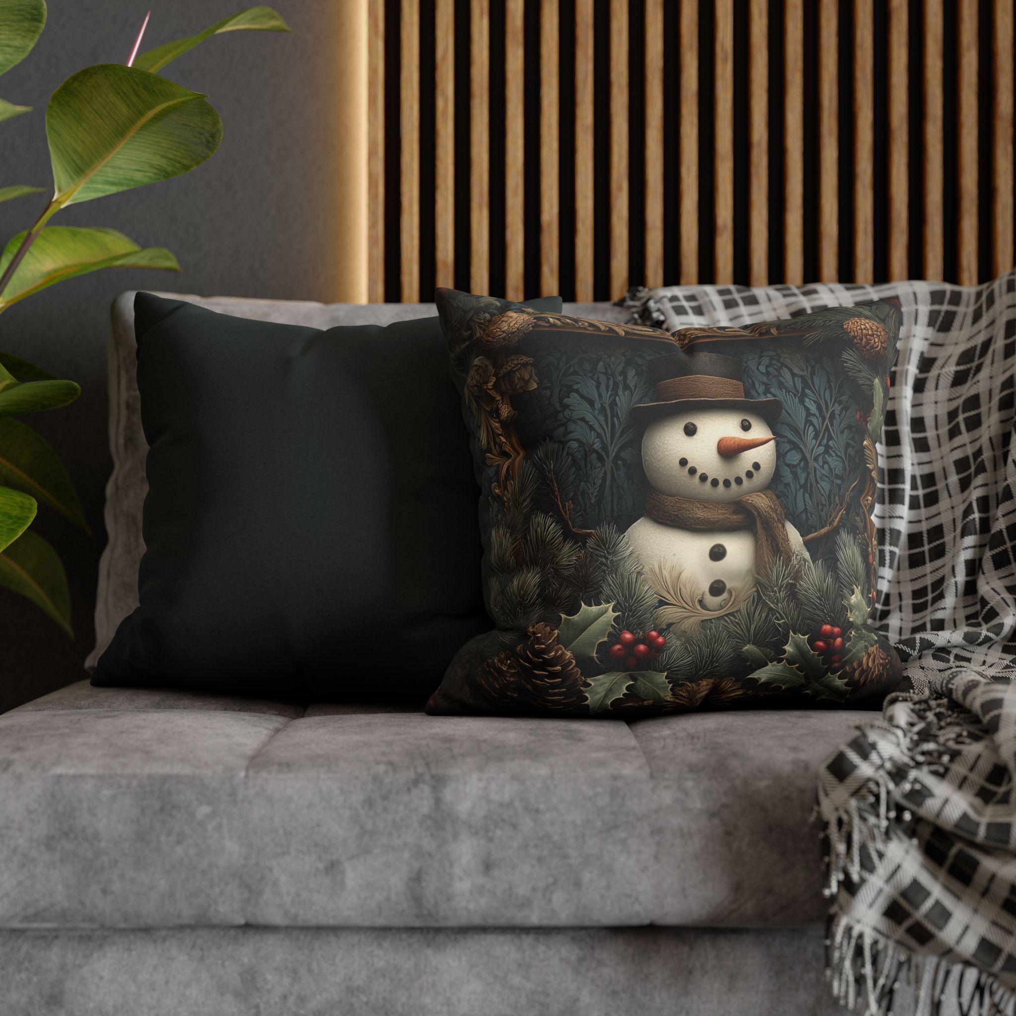 William Morris Inspired Christmas Snowman Pillow Cover: Woodland Pine & Holly Illustration