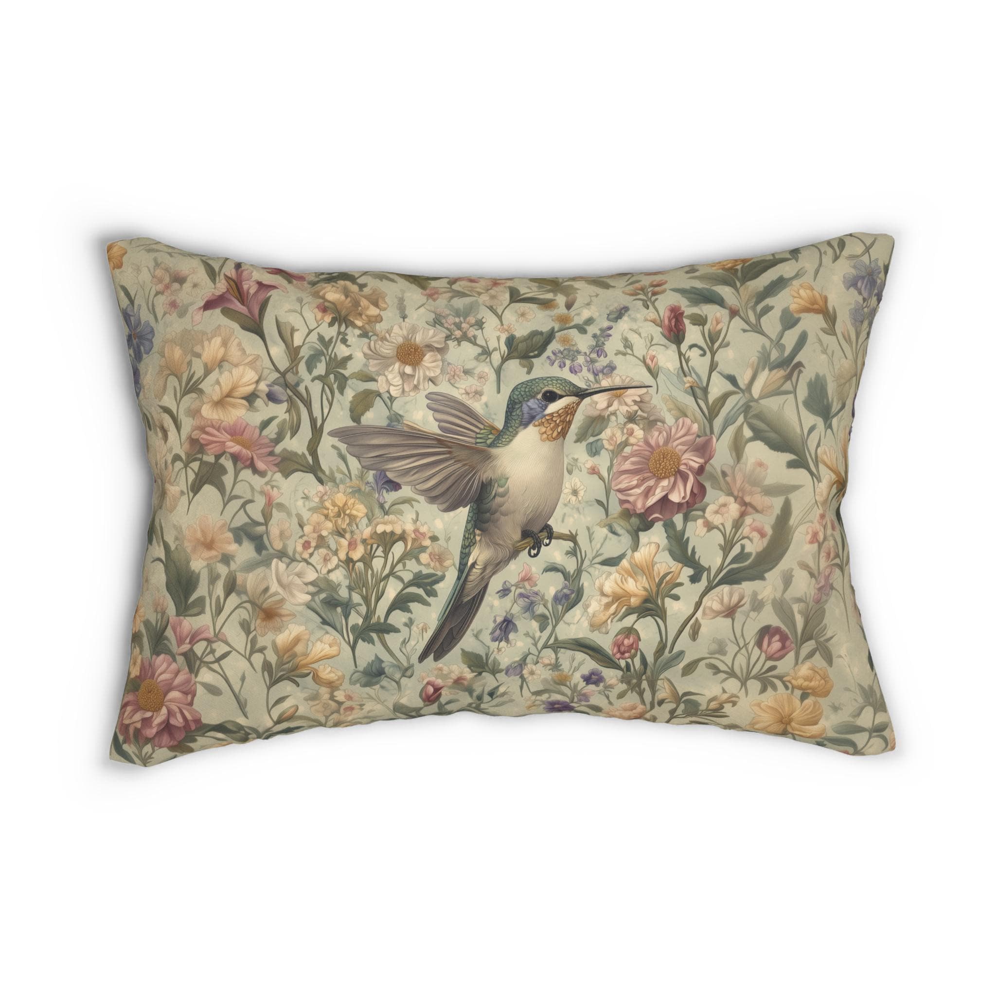 William Morris Inspired Hummingbird Tapestry Lumbar Pillow - Botanical Arts & Crafts Floral Cushion