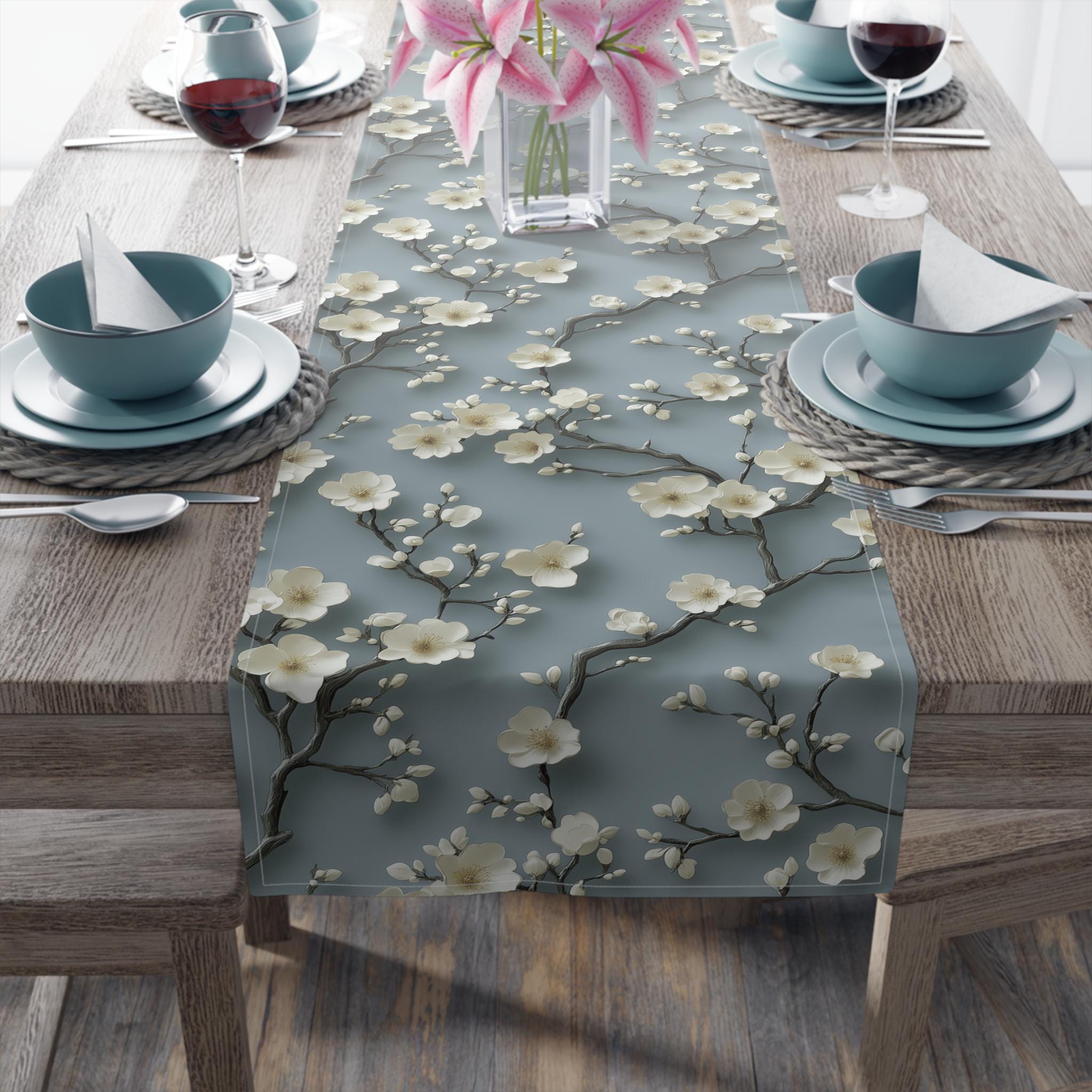 Elegant Chinoiserie Table Runner: Blue-Teal Gradient Cherry Blossom Design for Modern Dining Decor
