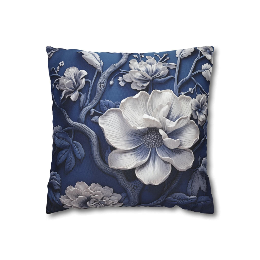 Porcelain-Style Blue Pillow Cover | Large White Blossoms Design | Chinoiserie Elegance for Home Decor