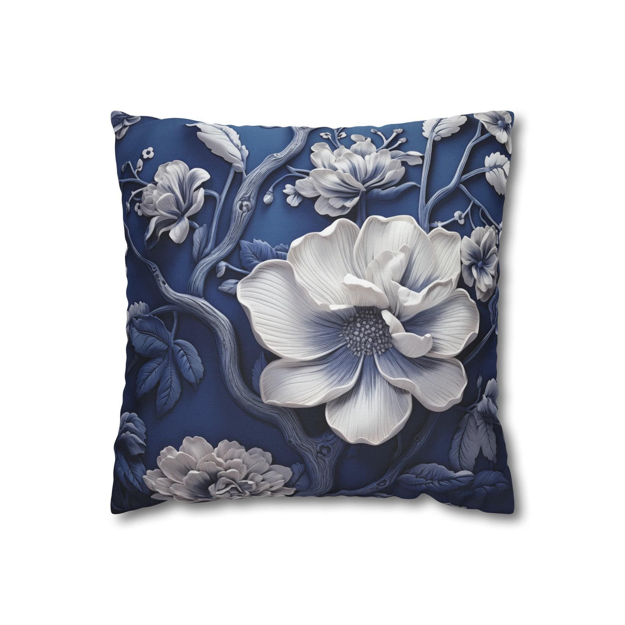 Porcelain-Style Blue Pillow Cover | Large White Blossoms Design | Chinoiserie Elegance for Home Decor