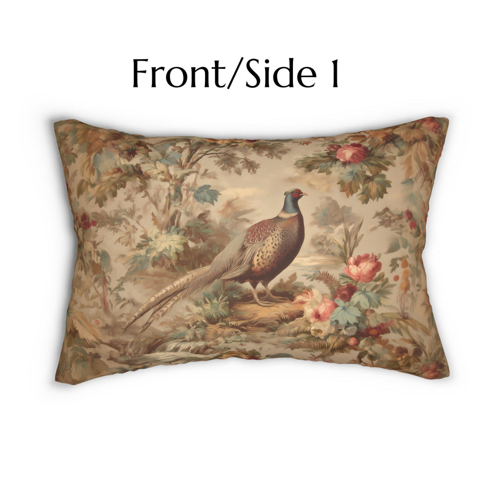 French Country Pheasant Lumbar Pillow: Vintage Style Toile Bird Design