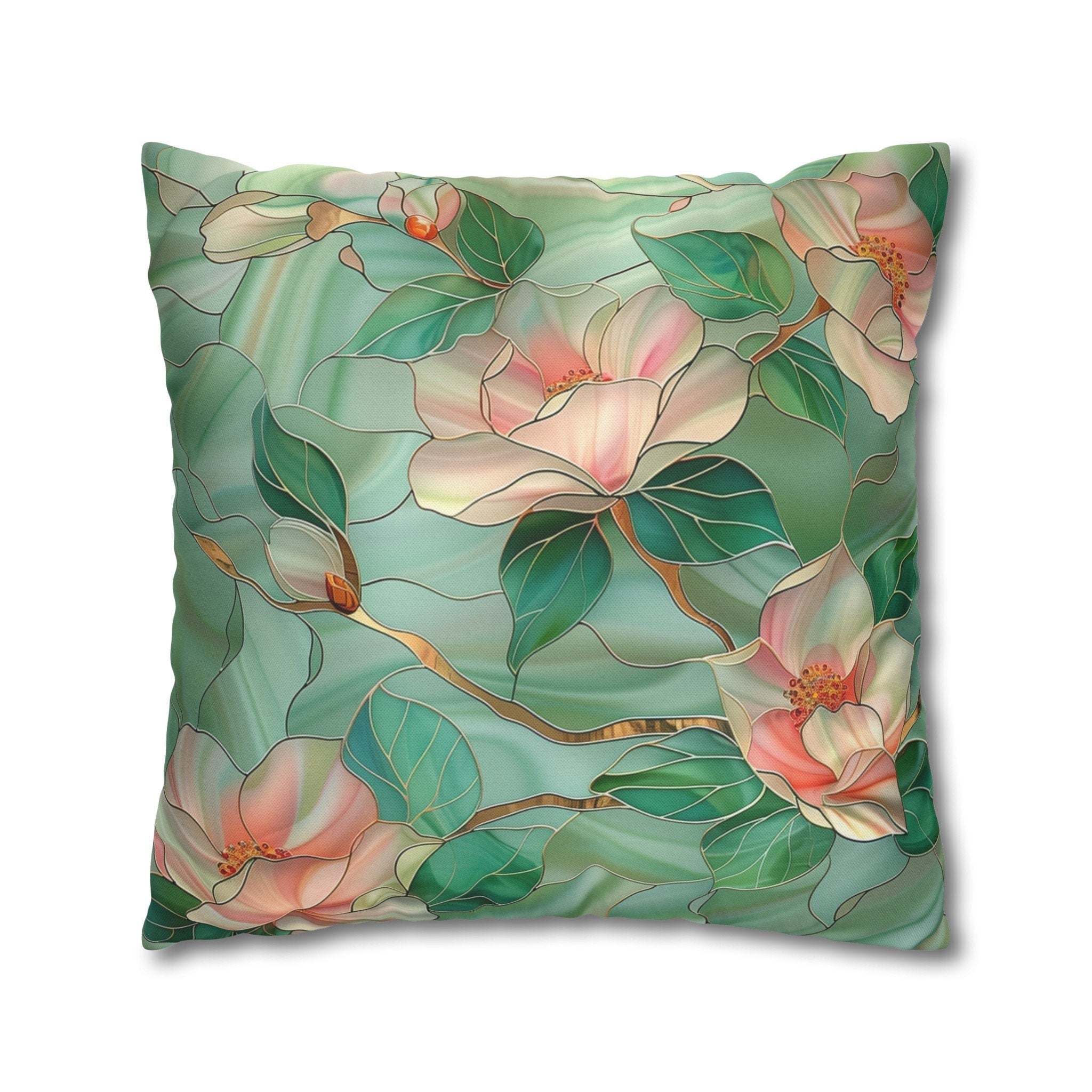 Luminous Green Chinoiserie Pillow Cover: Pink Magnolia Stained Glass Art for Home Decor