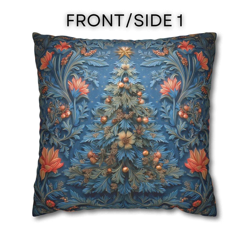 William Morris Inspired Christmas Tree Pillow Cover: Vintage Floral Holiday Design in Navy & Copper