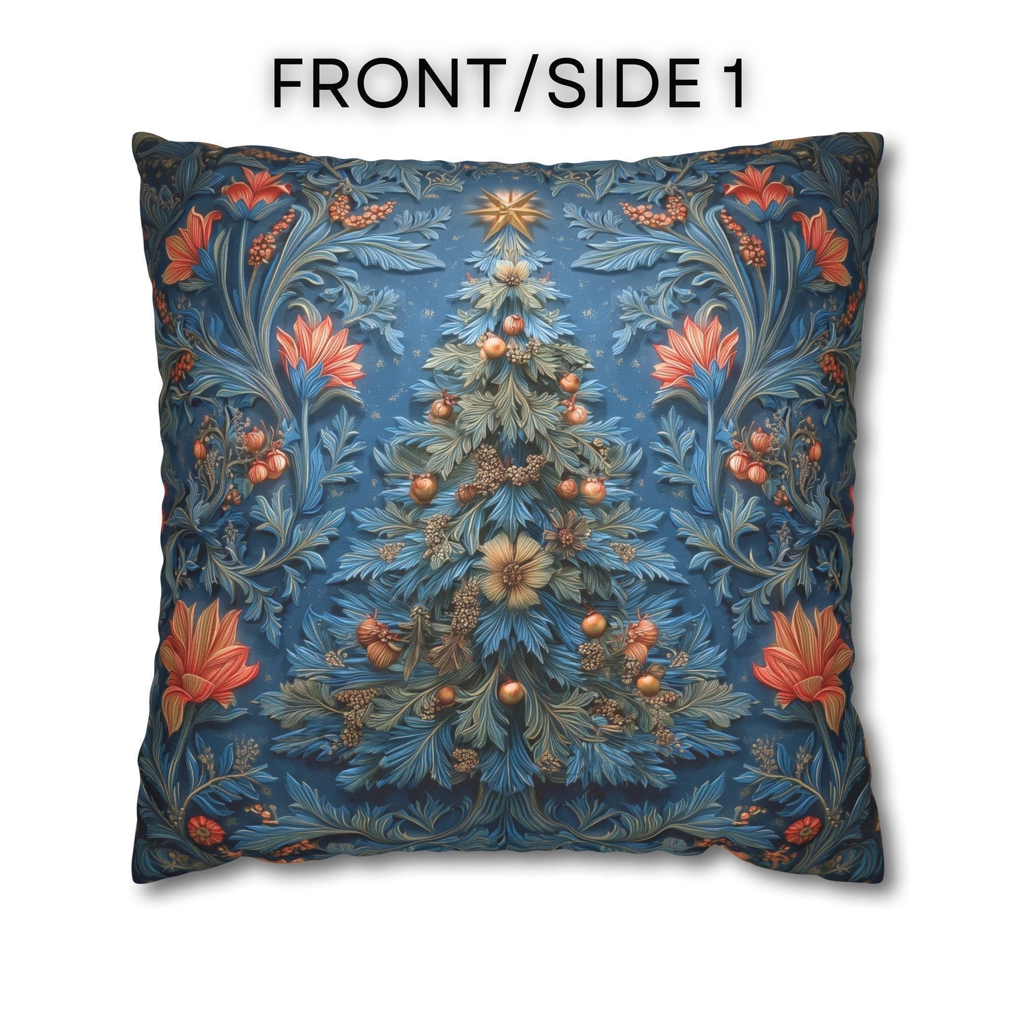 William Morris Inspired Christmas Tree Pillow Cover: Vintage Floral Holiday Design in Navy & Copper