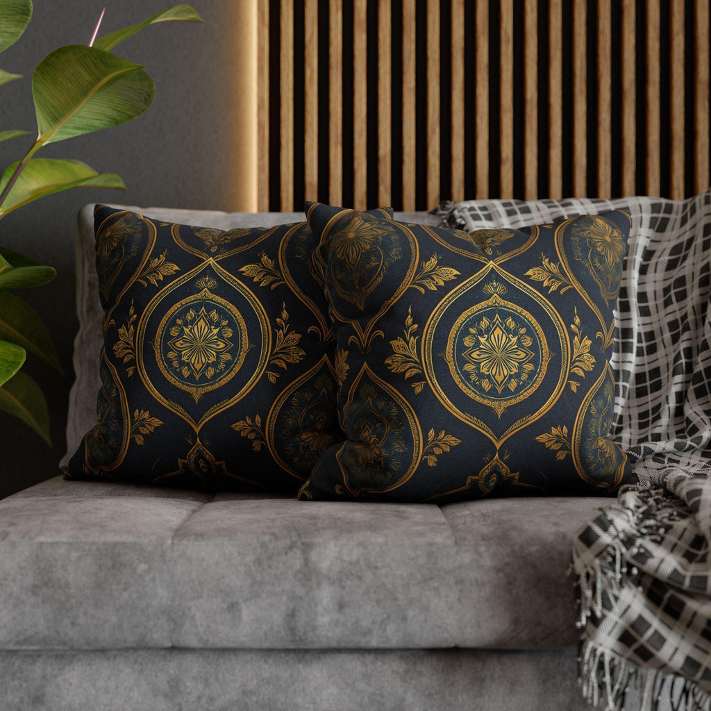 Navy & Gold Damask Pillow Cover: Vintage Style Floral Medallion Cushion