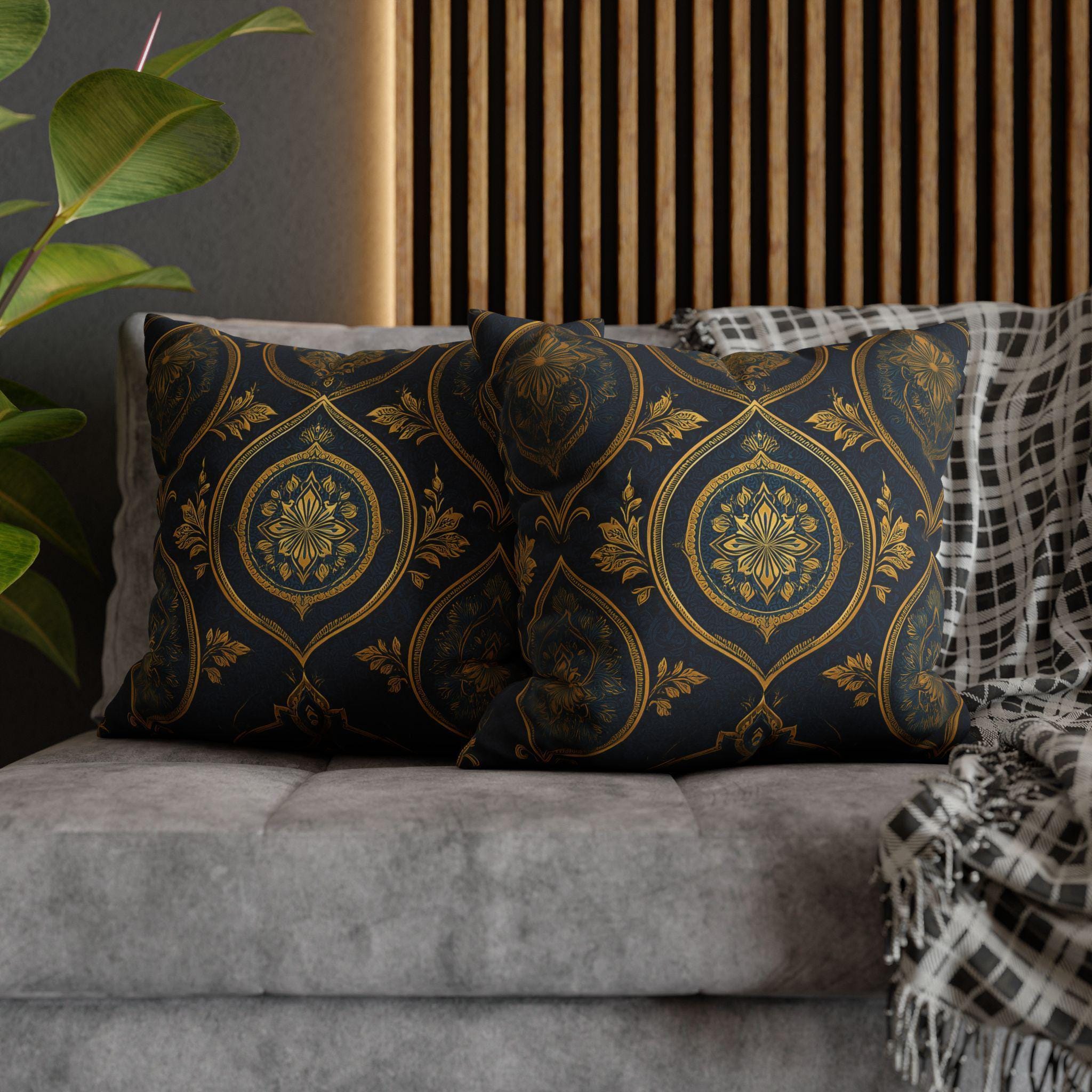 Navy & Gold Damask Pillow Cover: Vintage Style Floral Medallion Cushion