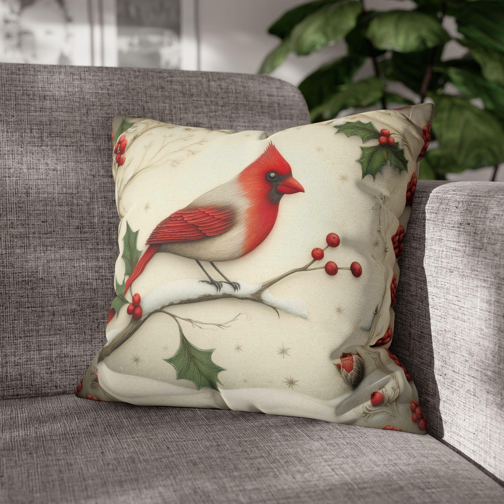 Cardinal in Winter Pillow Cover: Vintage Style Holiday Bird & Snowy Branches Accent