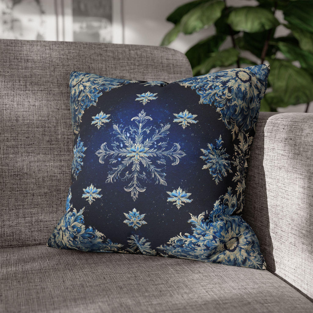 Sapphire Blue Snowflake Damask Christmas Throw Pillow Cover: Gold & White Winter Accent