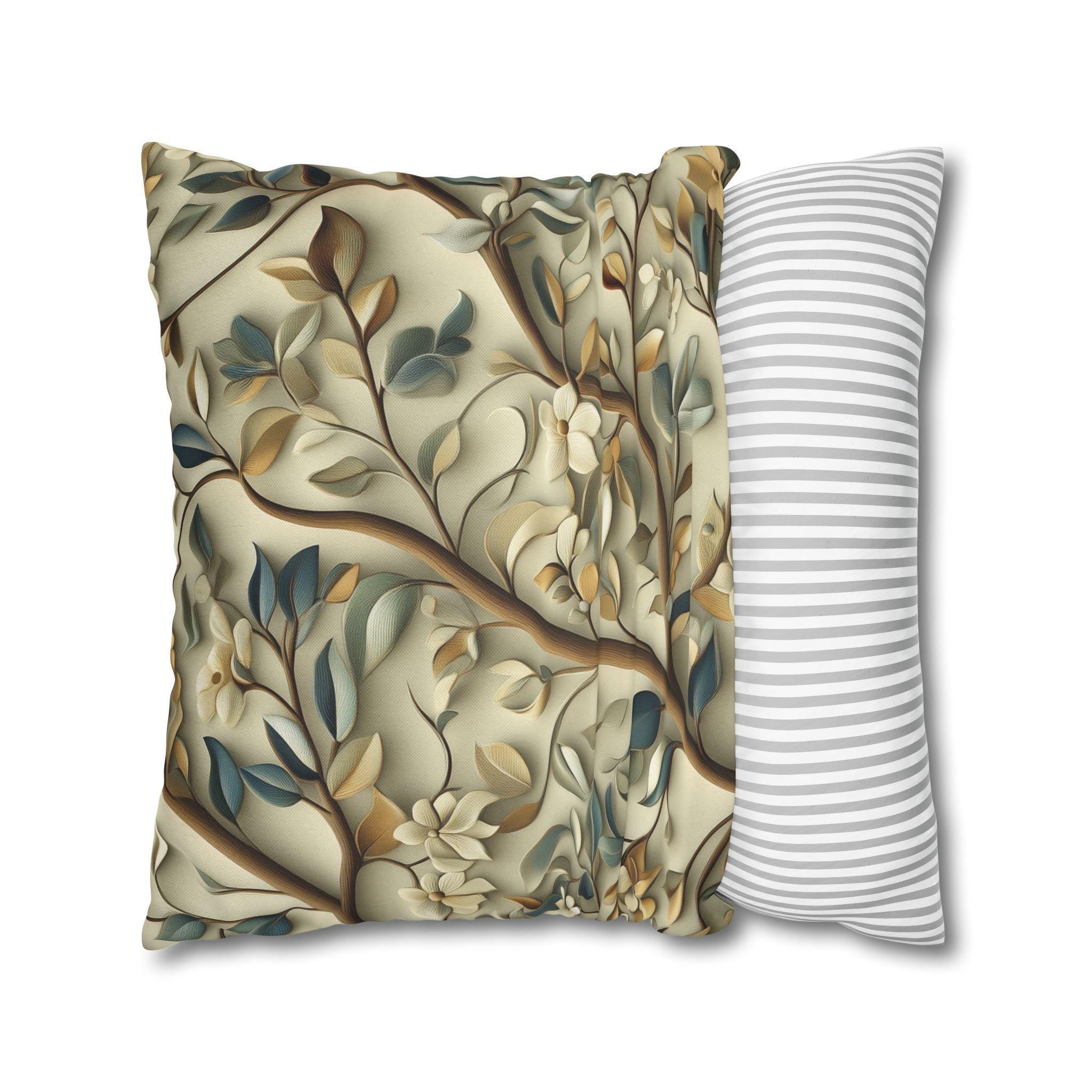 Elegant William Morris Inspired Botanical Pillow Cover - Floral Cushion in Green, Gold, and Beige