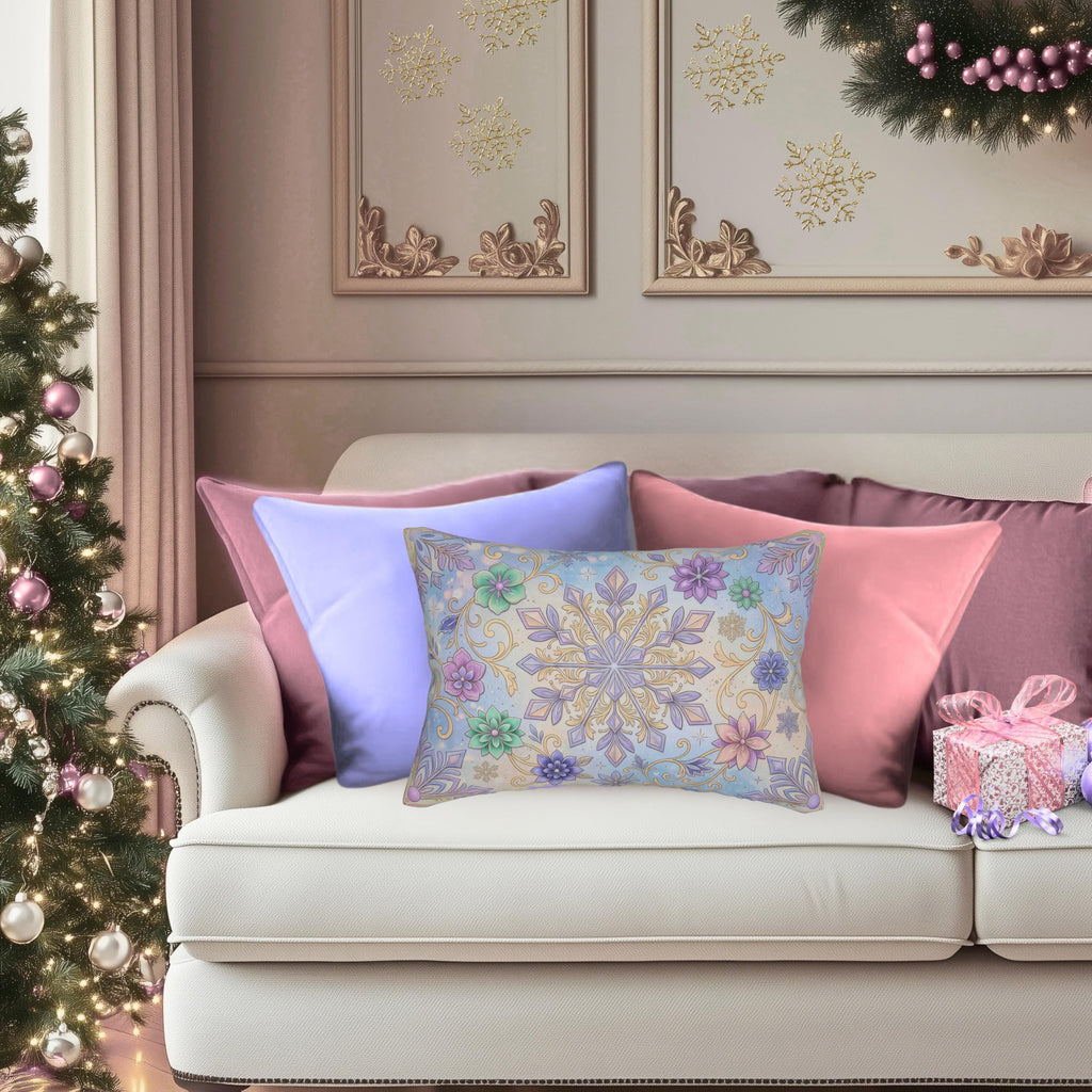 Pastel Snowflake Lumbar Pillow: Coquette Christmas Decor, Dreamy Lilac Mint Winter