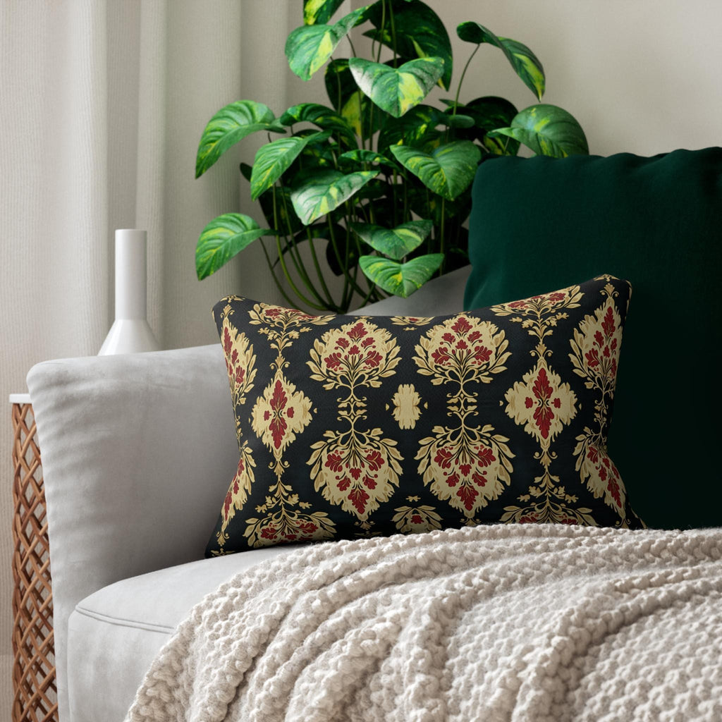 Ikat Lumbar Pillow: Red & Gold Floral Medallions, Holiday Cushion