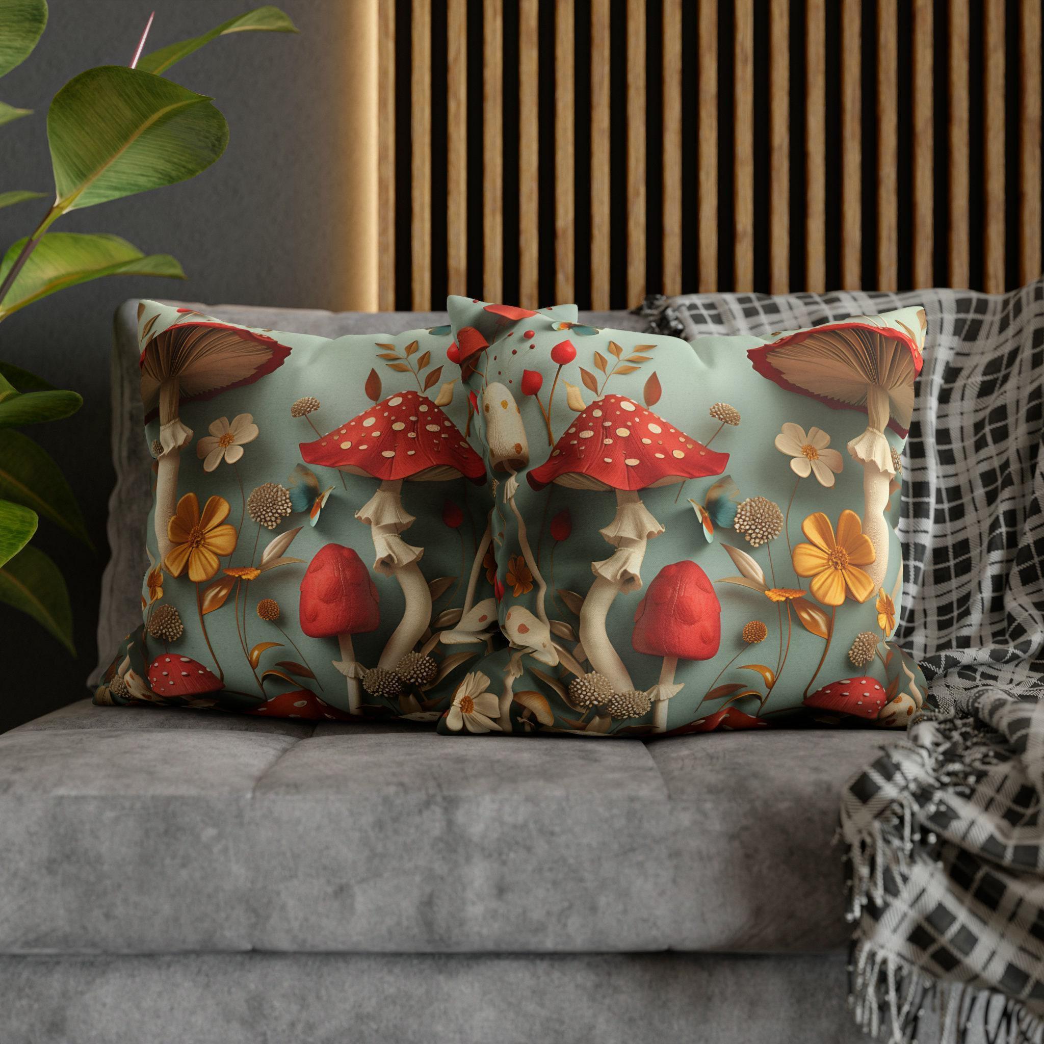 Enchanted Forest Mushroom Throw Pillow Cover: Colorful Nature-Inspired Cushion for Boho Home Decor