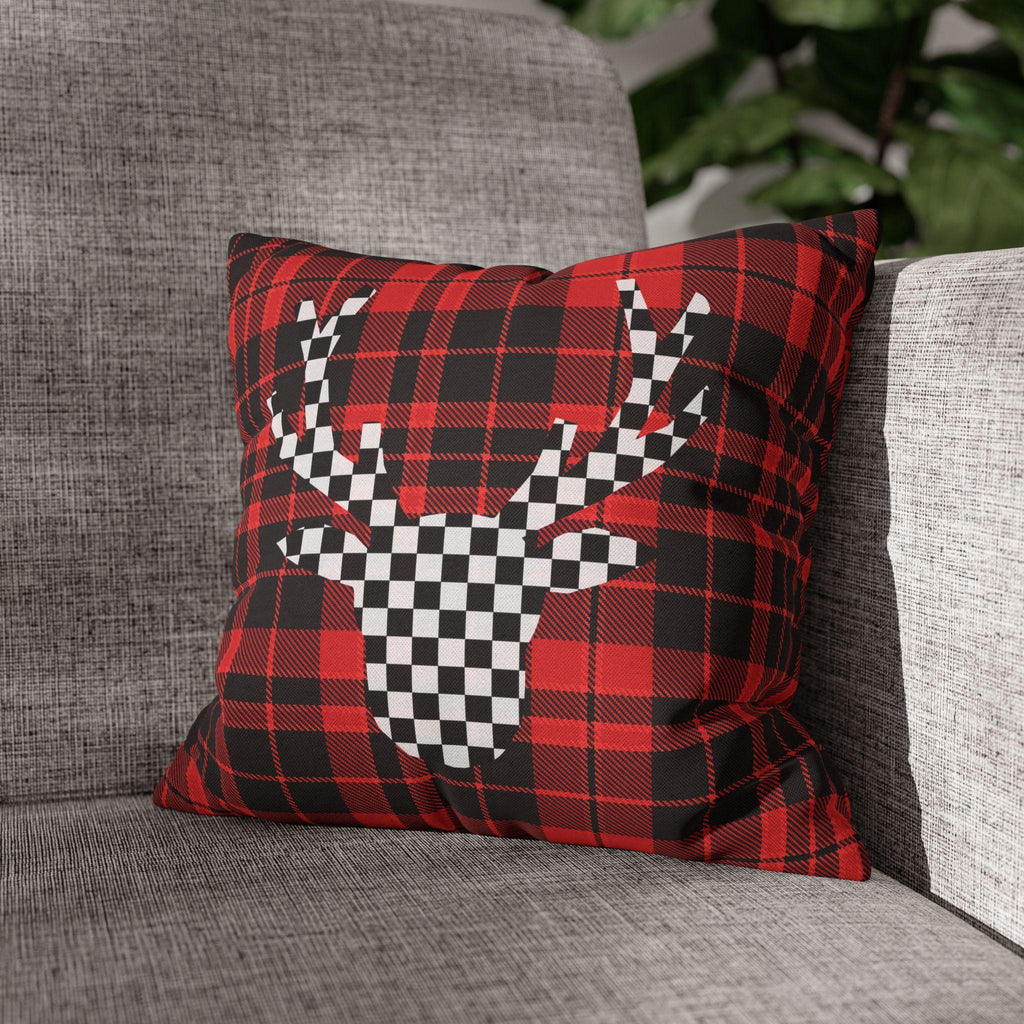 Plaid & Checker Stag Pillow Cover: Modern Rustic Christmas Accent