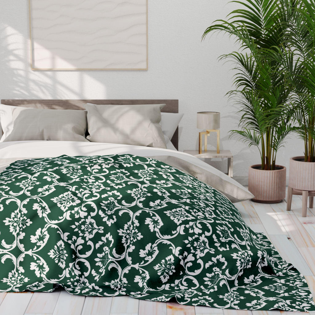 Kelly Green Damask Fleece Blanket: Elegant Floral Throw