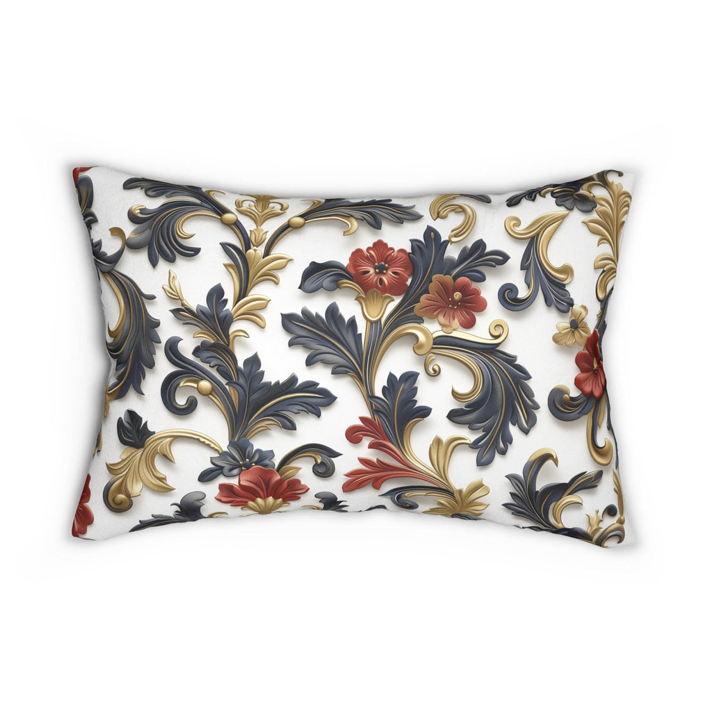 Baroque Inspired Lumbar Pillow | Luxurious Navy Blue, Gold, and Red Floral Design | White Background