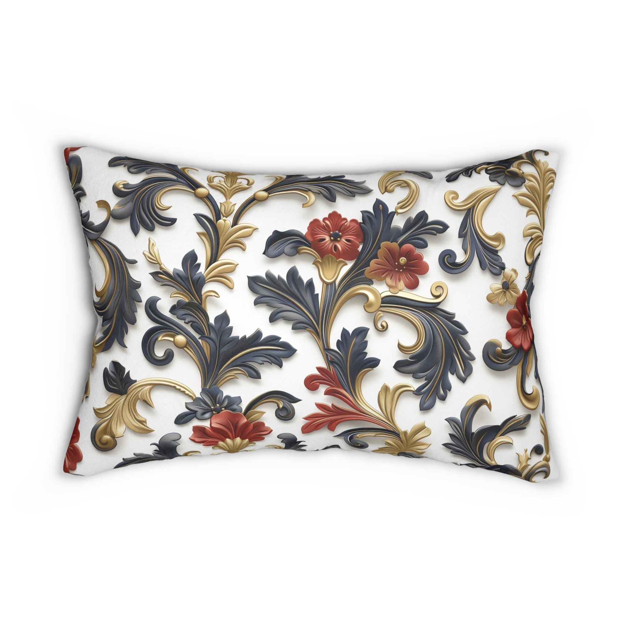Baroque Inspired Lumbar Pillow | Luxurious Navy Blue, Gold, and Red Floral Design | White Background