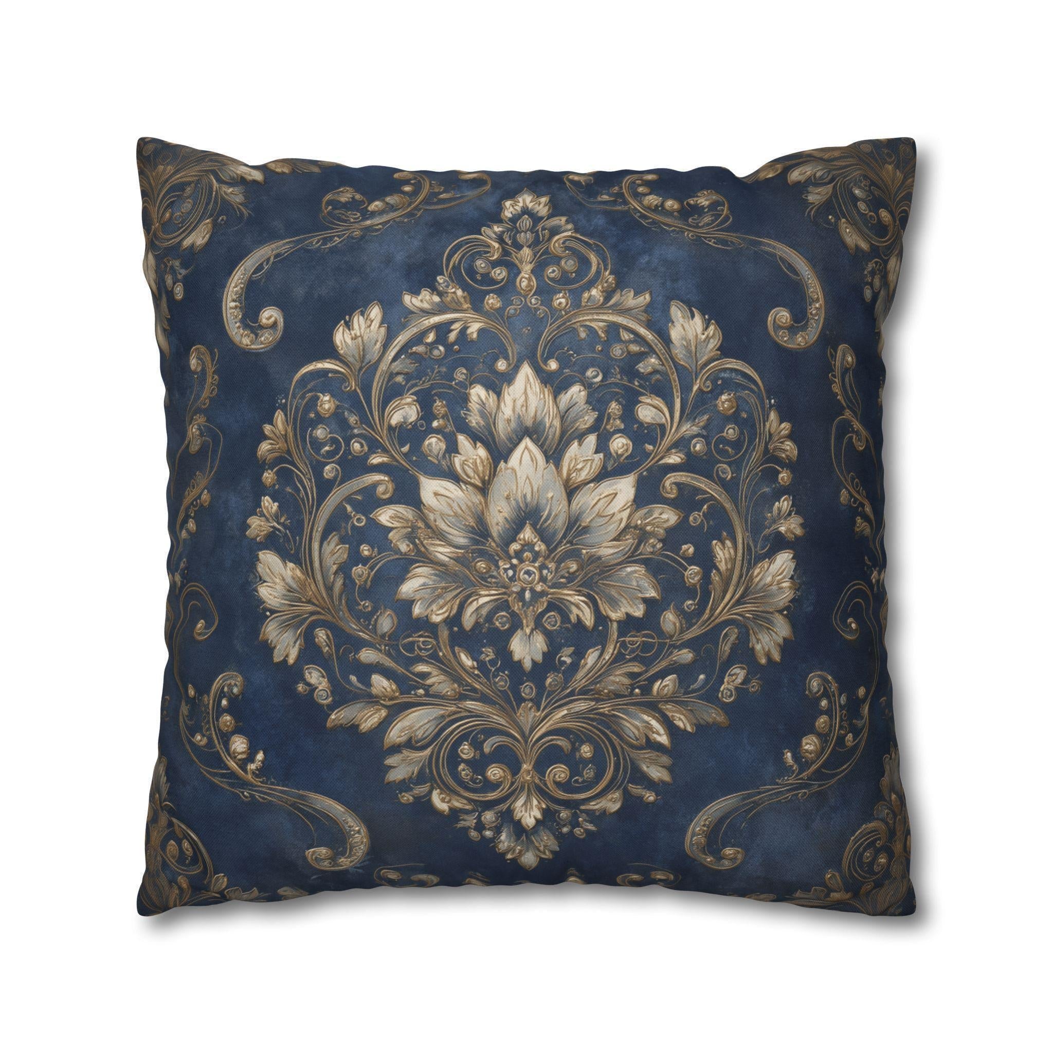 Elegant Baroque Navy and Gold Floral Damask Pillow Cover for Vintage Luxe Home Decor