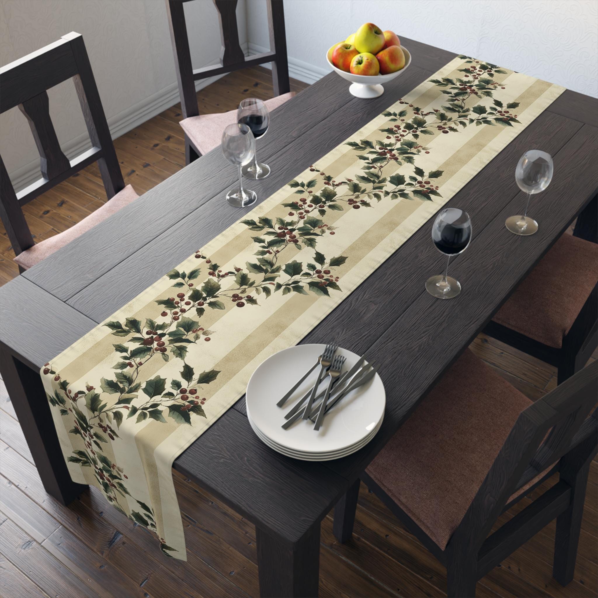 Vintage Style Holly Stripe Table Runner: Classic Christmas Botanical Holiday Decor