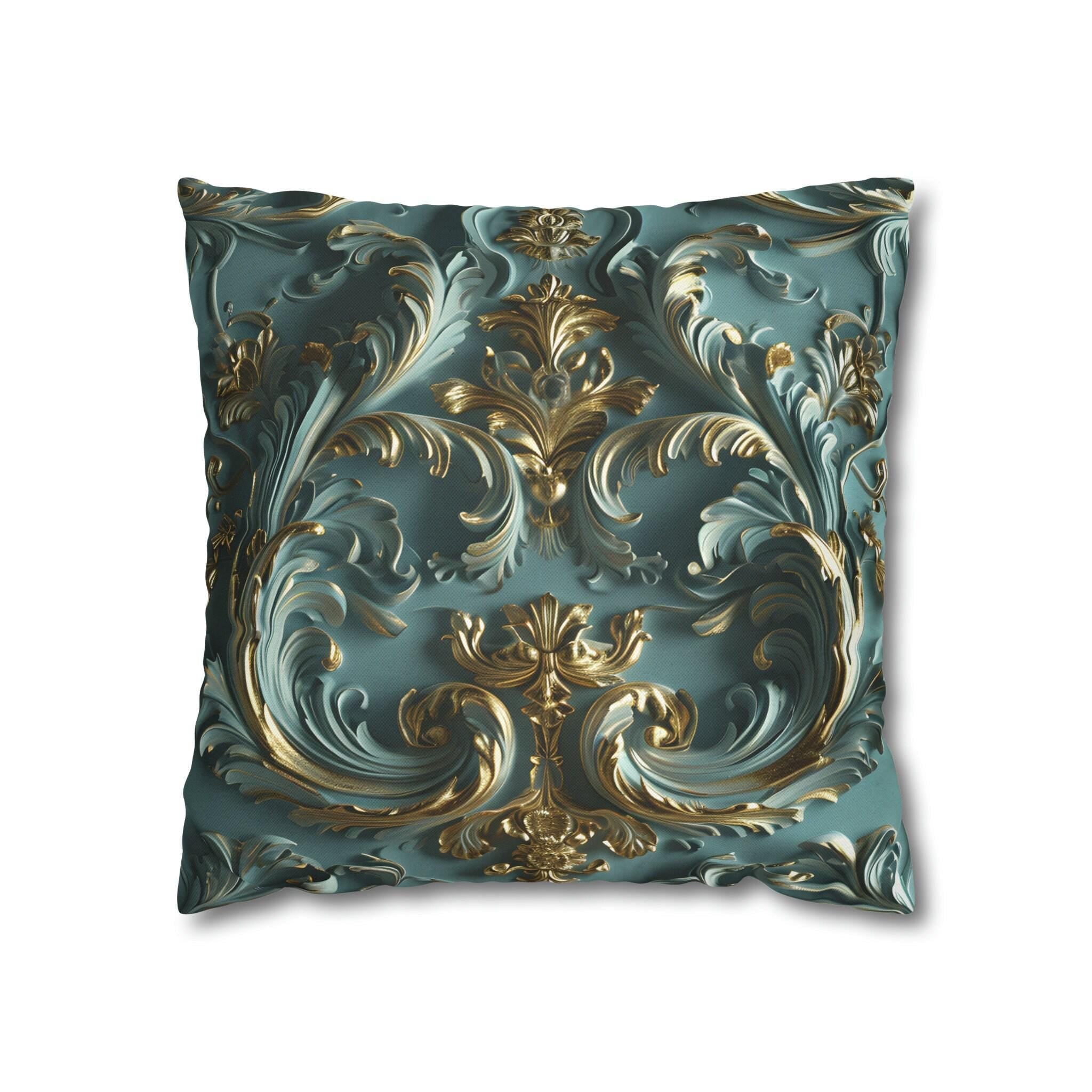Luxurious Rococo Square Throw Pillow Cover: Teal and Soft Gold Cushion Case