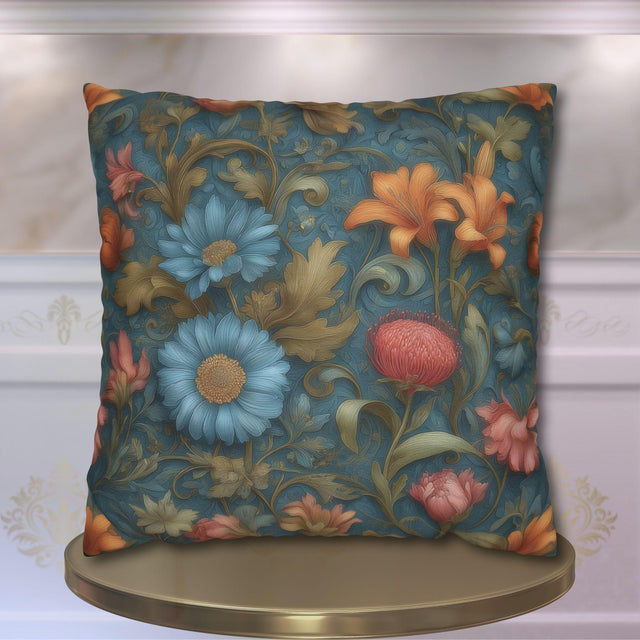 Vintage Style William Morris Inspired Pillow Cover: Dusty Blue, Coral and Amber Garden Florals