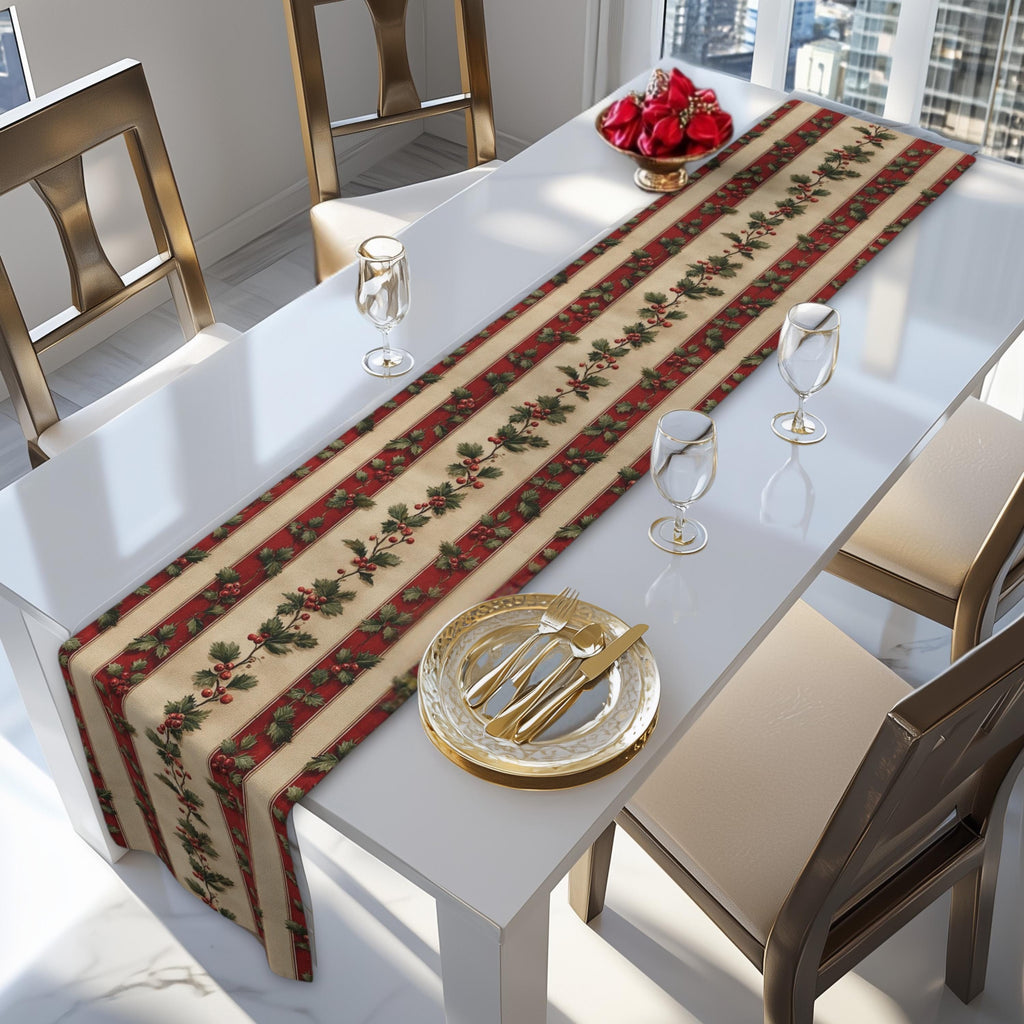 Striped Holly Christmas Table Runner: Red, Green, Cream Holiday Botanical Winter Decor