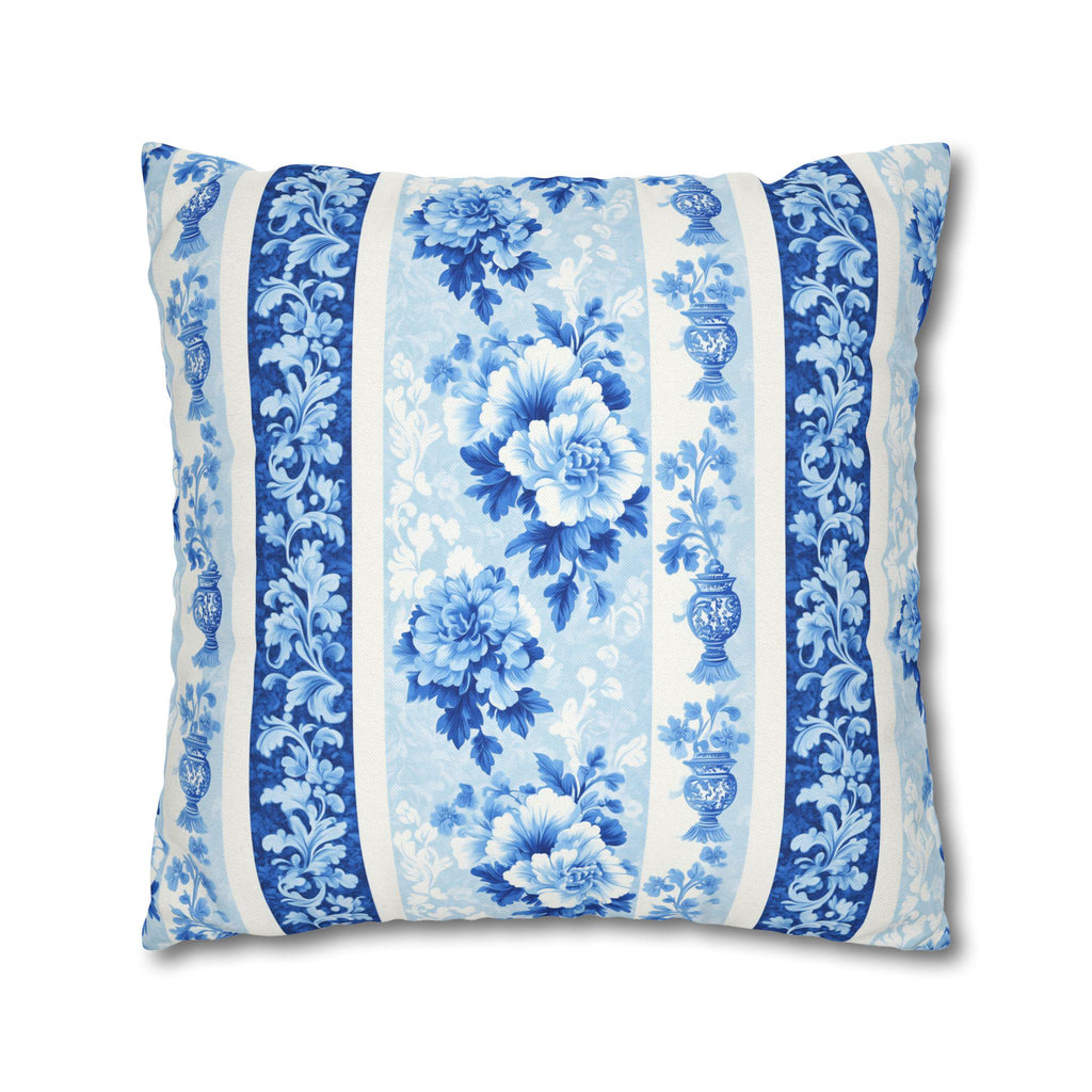 Elegant Chinoiserie Floral Pillowcase: Blue & White Striped French Country Home Decor Accent