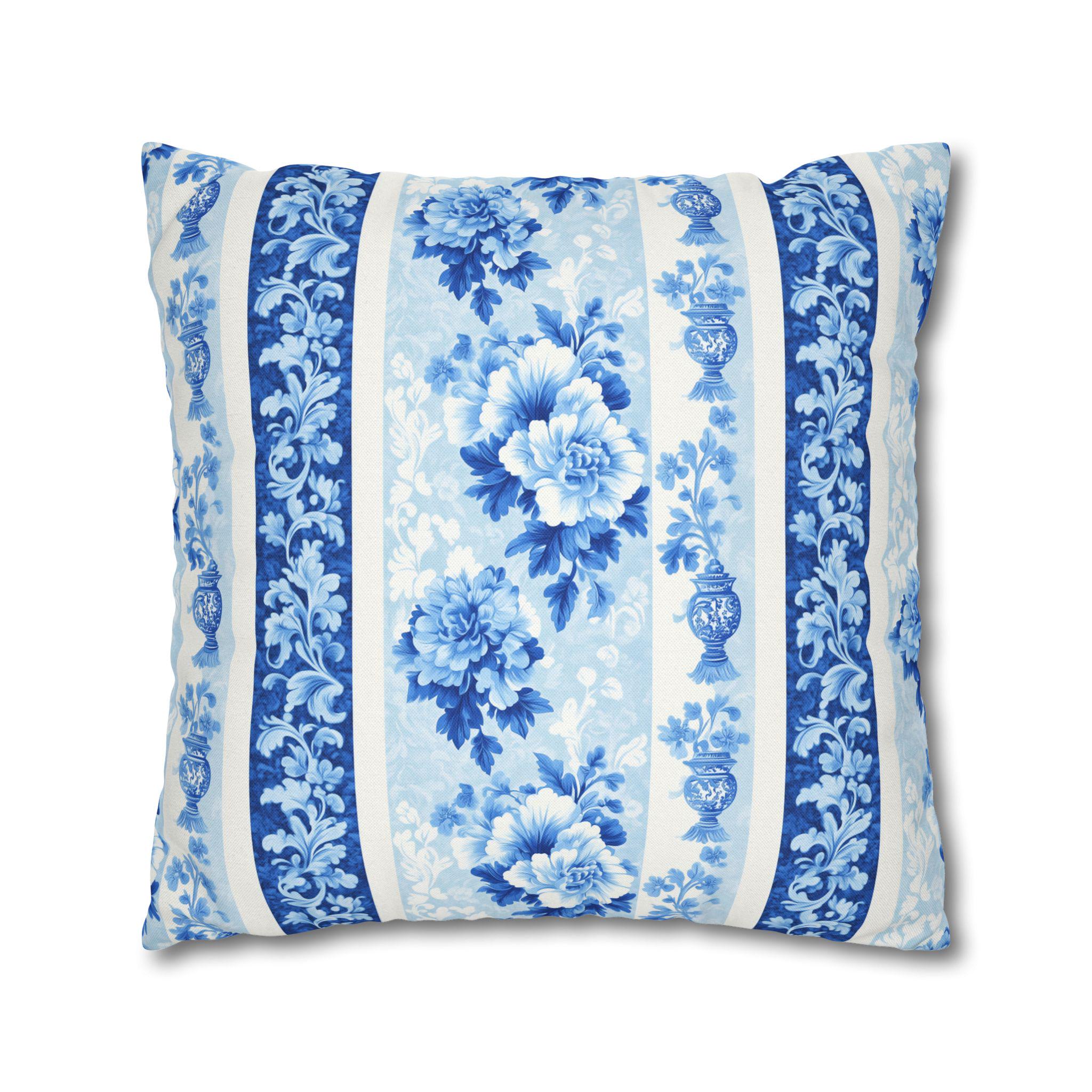 Elegant Chinoiserie Floral Pillowcase: Blue & White Striped French Country Home Decor Accent