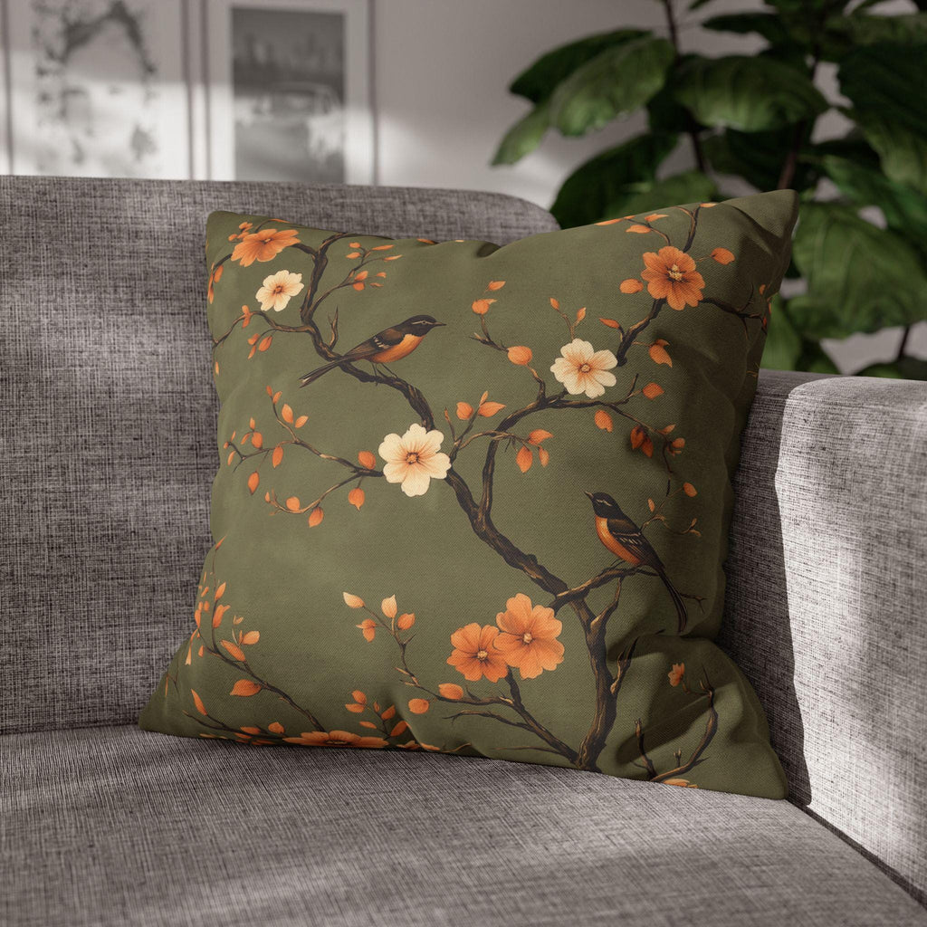 Chinoiserie Bird Pillow Cover: Peach & Brown Floral, Olive Green Accent