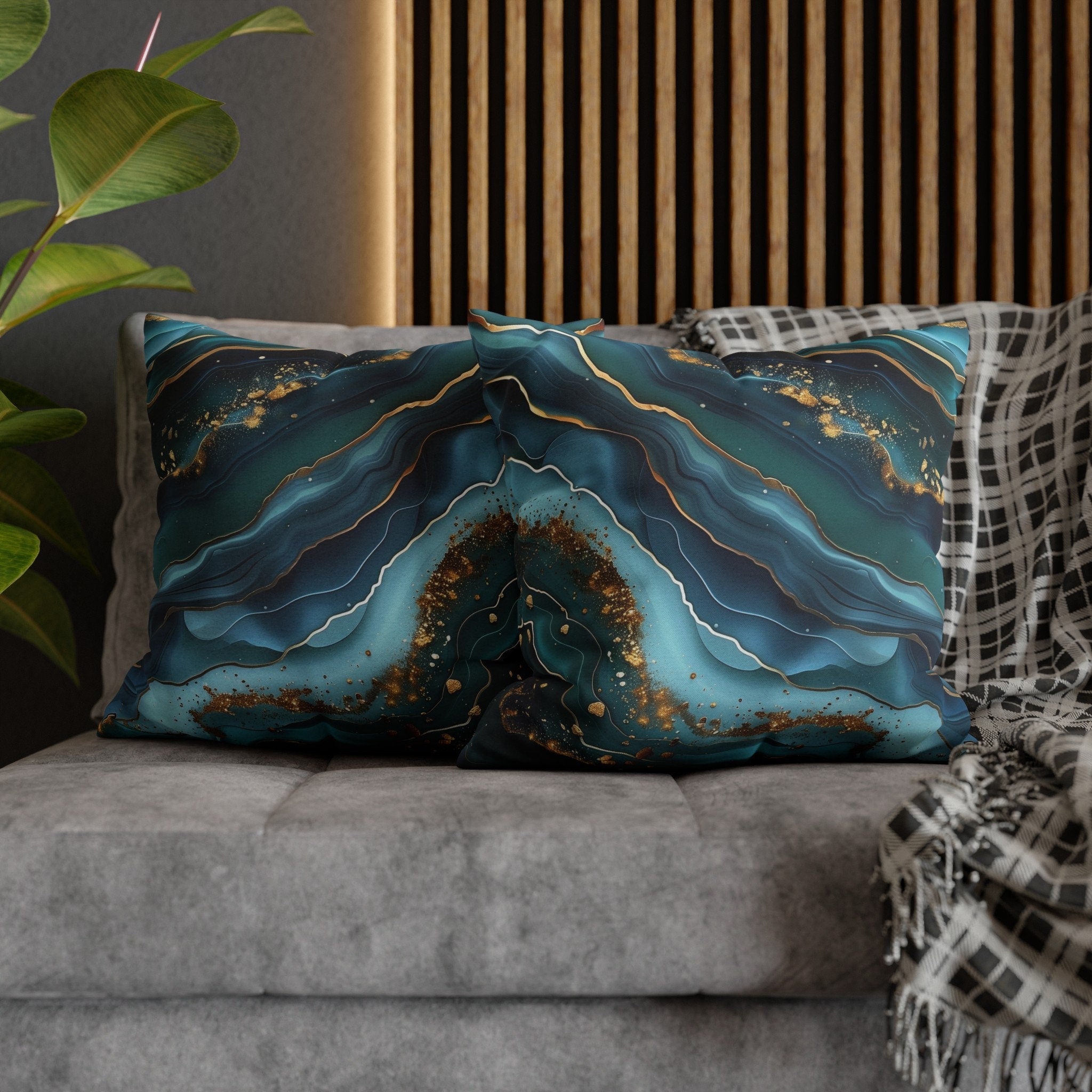 Teal Ocean Waves Pillow Cover: Blue & Gold Accent Cushion