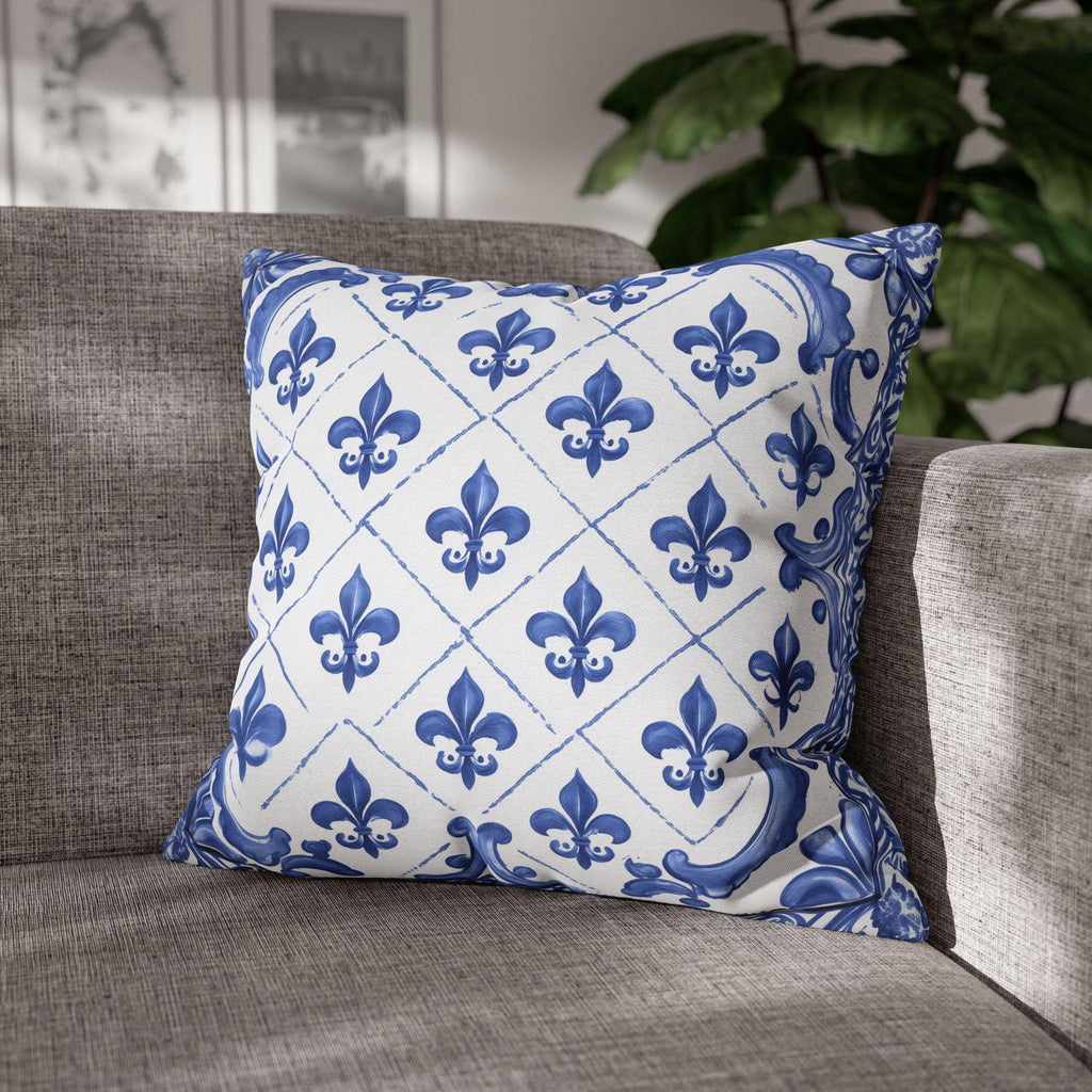 Fleur de Lis Pillow Cover: Blue & White French Tile Design
