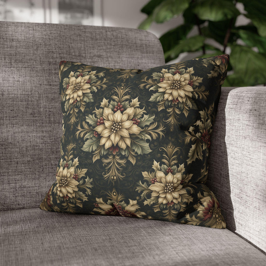 William Morris Christmas Pillow Cover: Ivory Poinsettia and Holly Repeating Pattern on Midnight Green