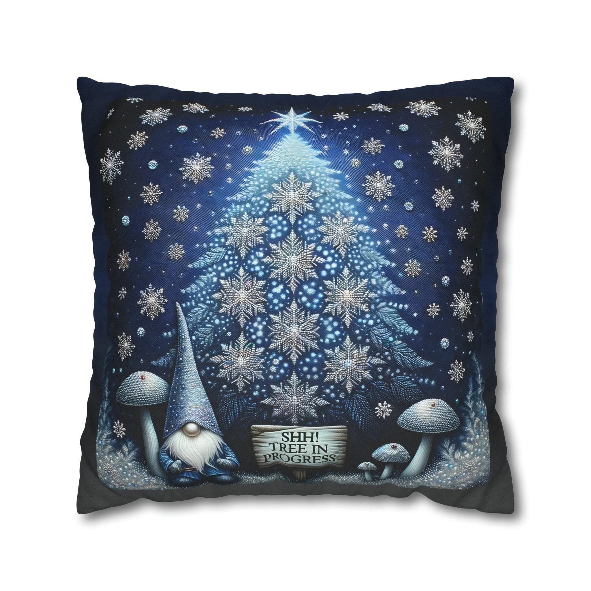 Abstract Christmas Tree & Gnome Pillow Cover: Glistening Night Holiday Decor