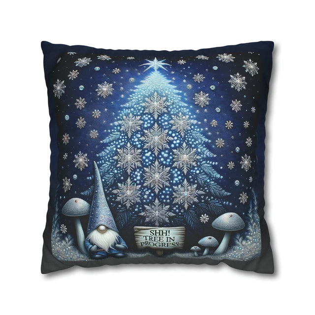 Abstract Christmas Tree & Gnome Pillow Cover: Glistening Night Holiday Decor