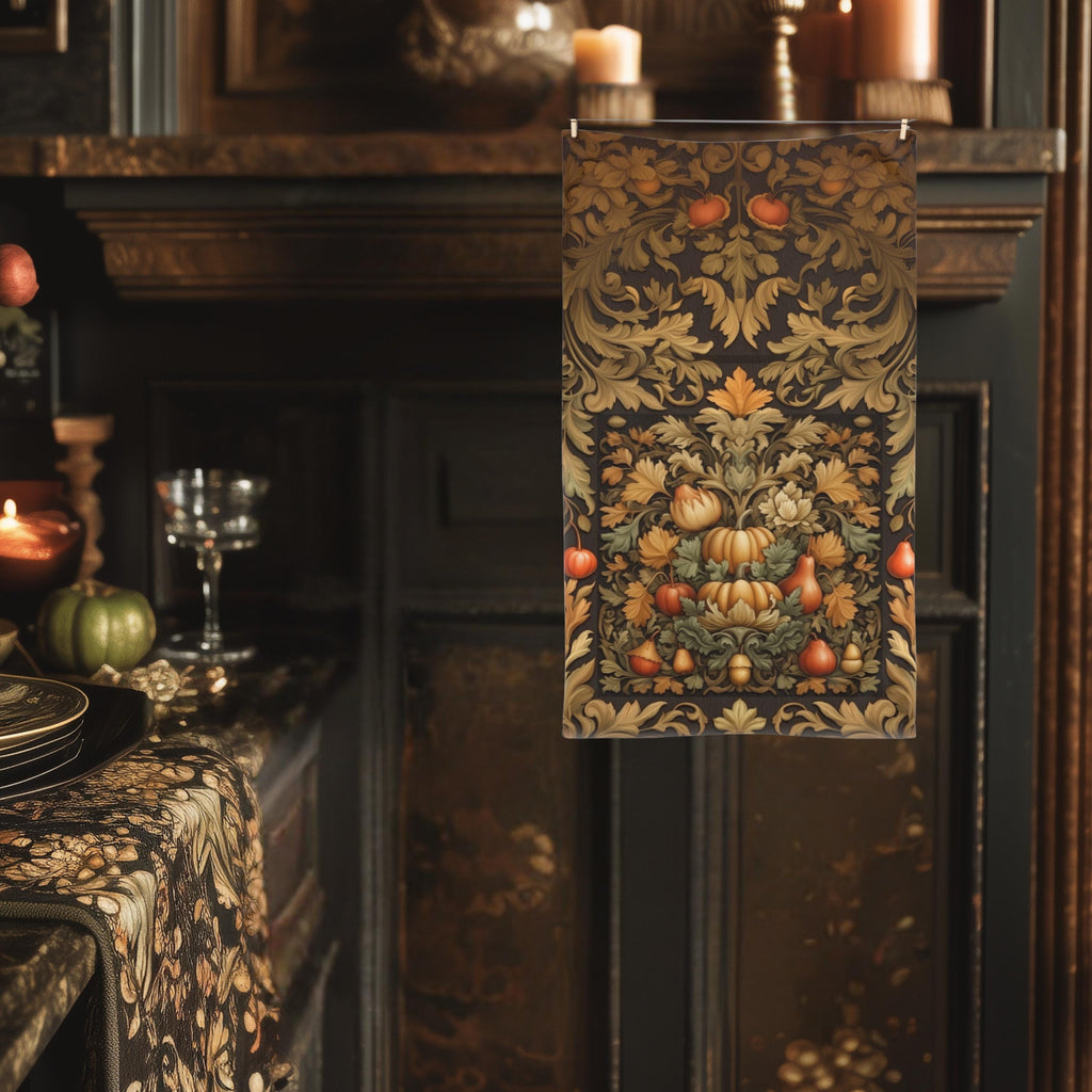 William Morris Inspired Autumn Harvest Tea Towel: Charcoal Amber Olive