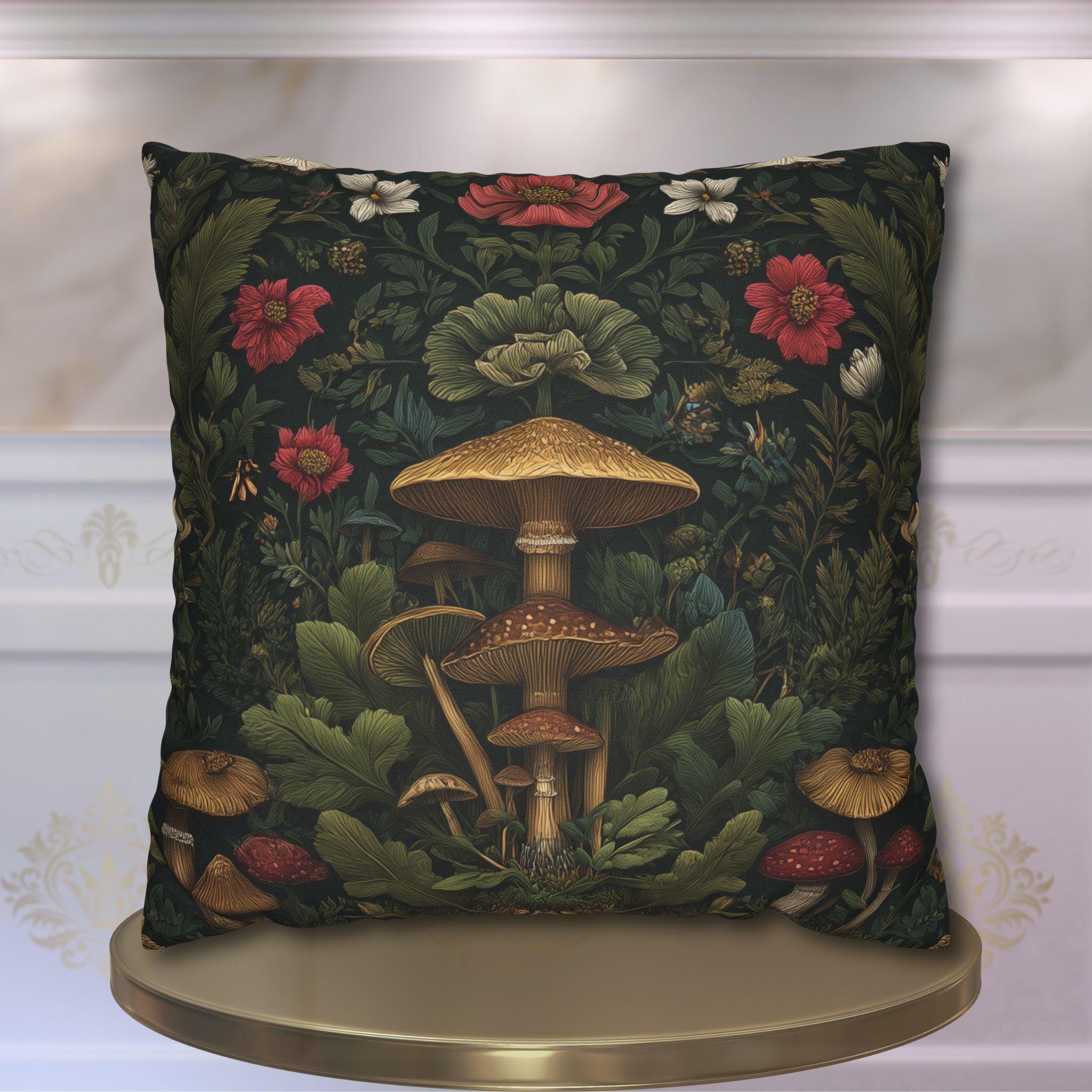William Morris-Inspired Mushroom Pillow Cover: Dark Forest Botanical Cushion for Cottagecore Decor