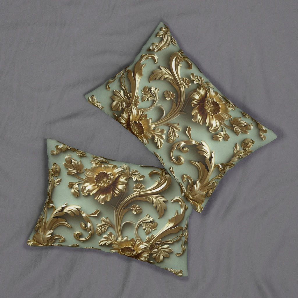 French Rococo Golden Floral Lumbar Pillow | Sage Green Elegance | Ornate Decorative Design