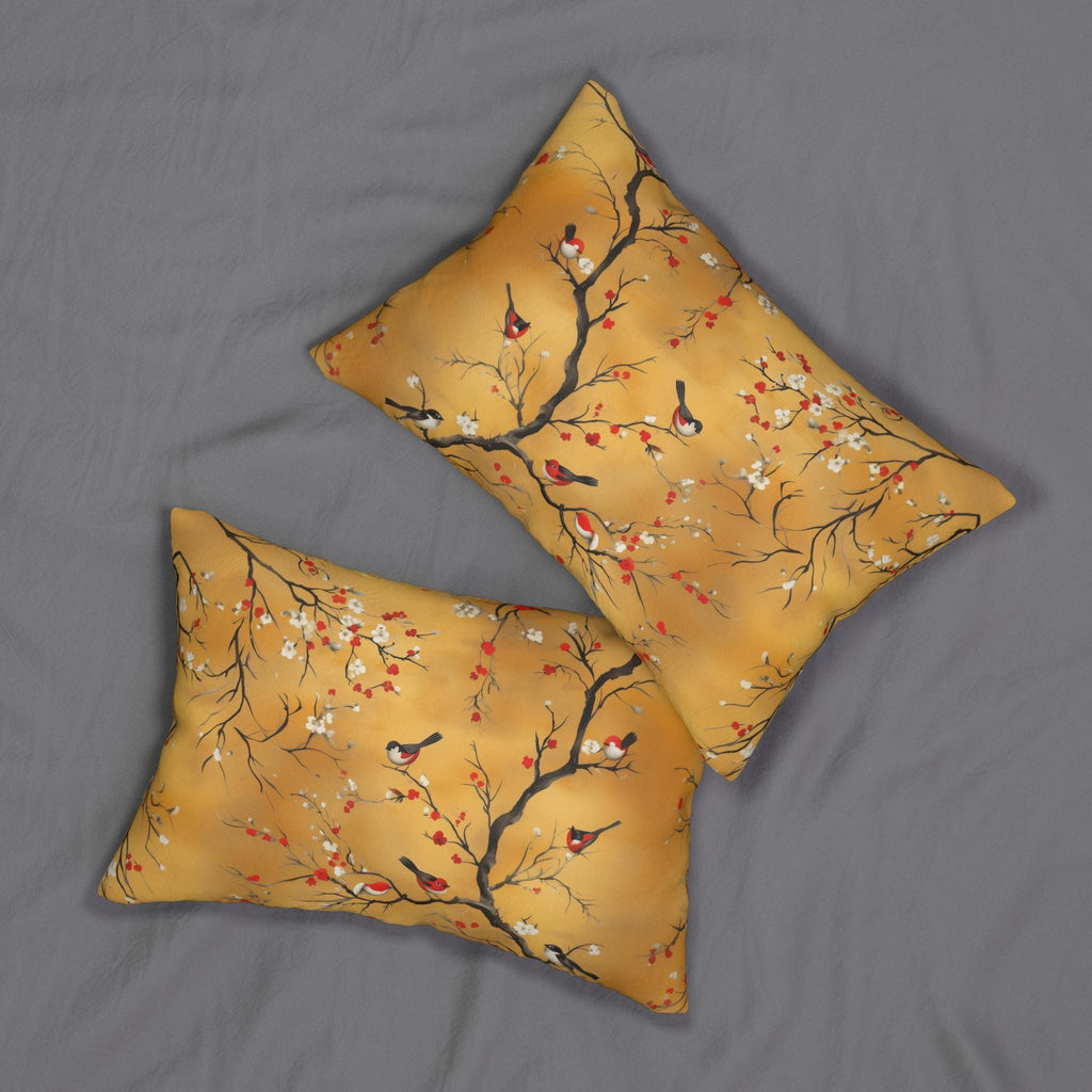 Chinoiserie Lumbar Pillow: Red Blossoms & Birds on Gold