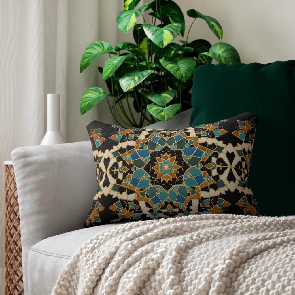 Moroccan Tilework Lumbar Pillow: Geometric Teal Cushion (20x14)