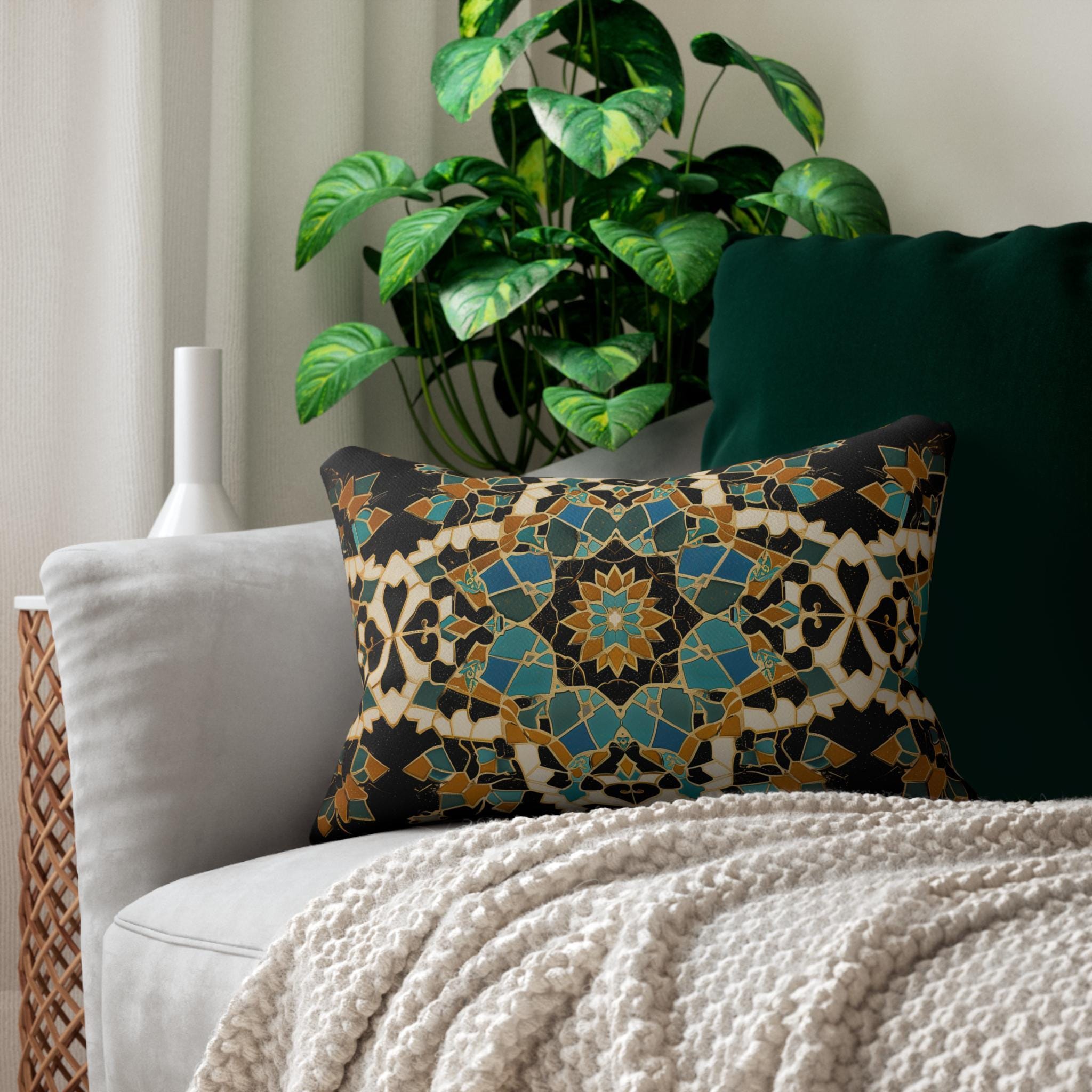 Moroccan Tilework Lumbar Pillow: Geometric Teal Cushion (20x14)