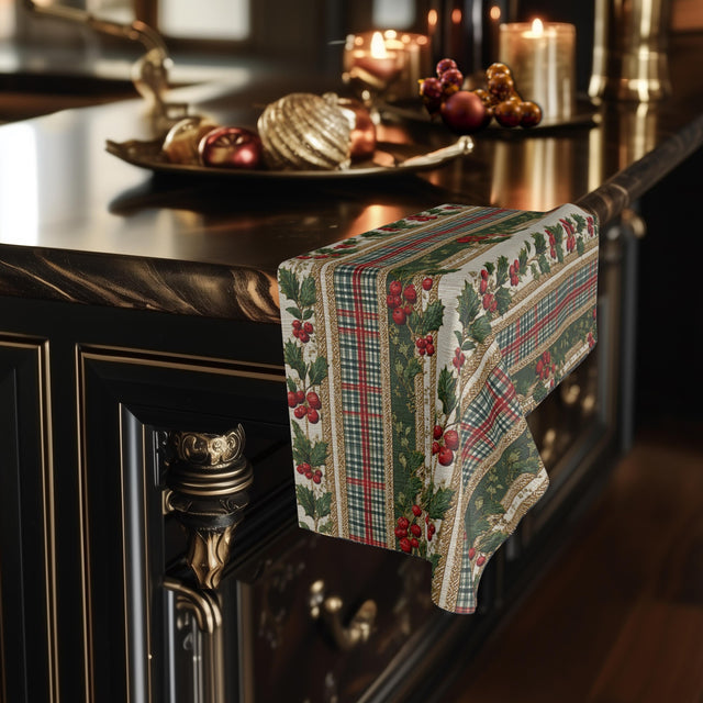 Vintage Inspired Holly Plaid Christmas Hand Towel: Red Green Holiday Decor