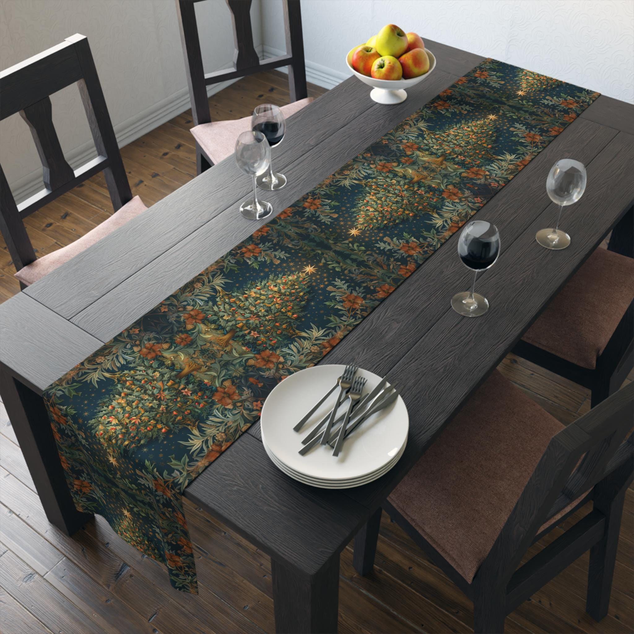 Elegant William Morris-Inspired Christmas Tree Table Runner: Festive Holiday Dining Decor