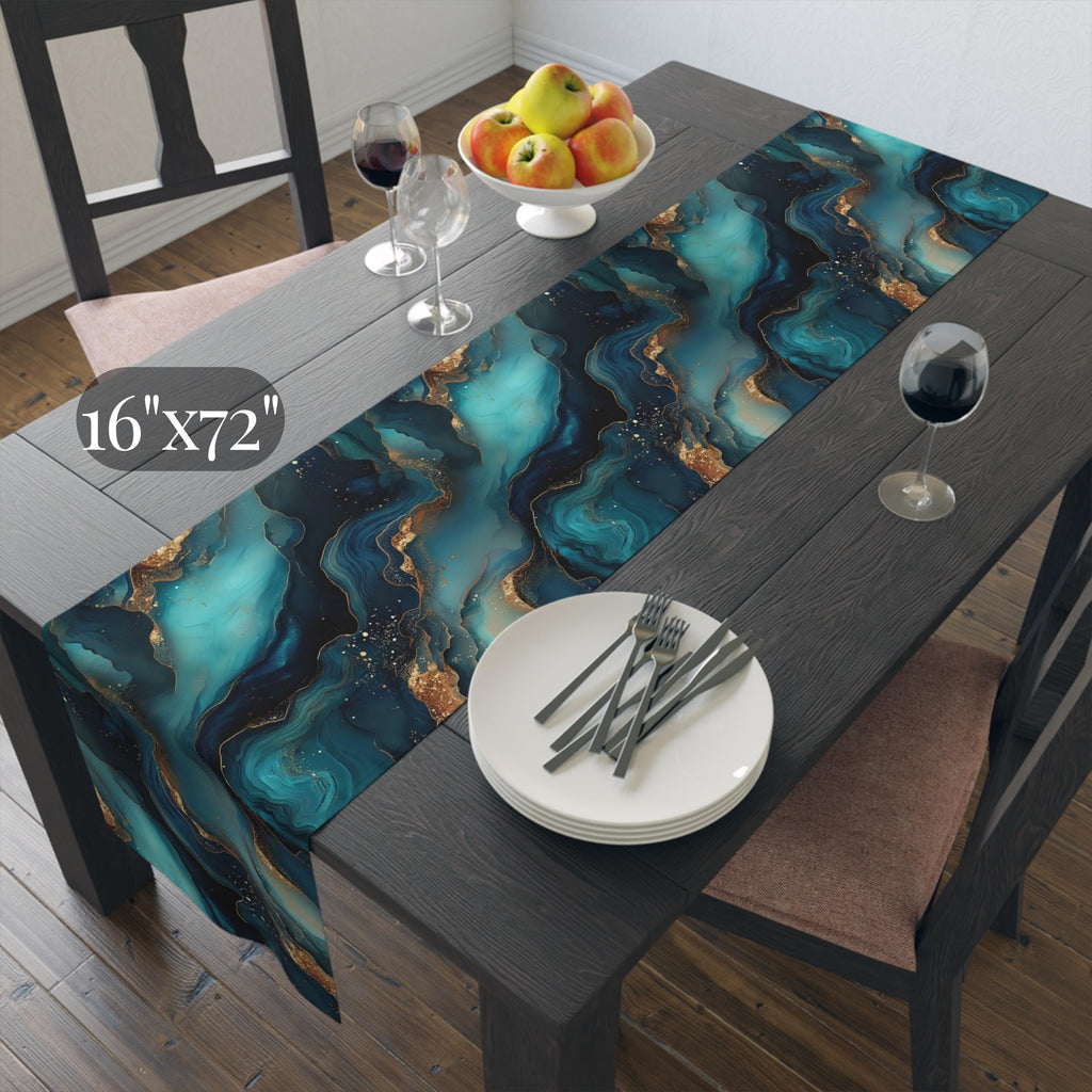 Modern Abstract Ocean Waves Table Runner: Teal, Navy and Gold Coastal Luxe Decor